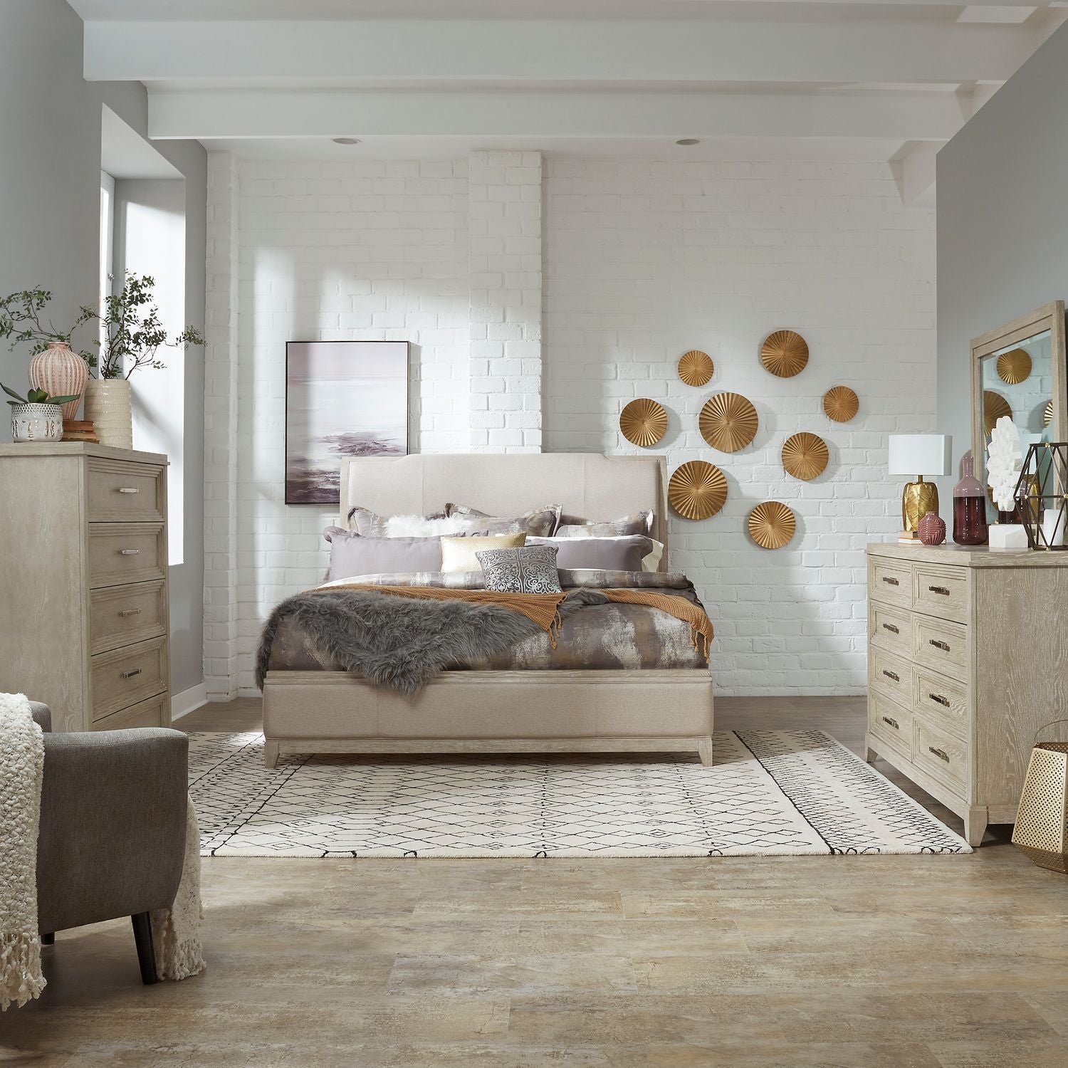 Belmar King California Upholstered Bed, Dresser & Mirror, Chest image