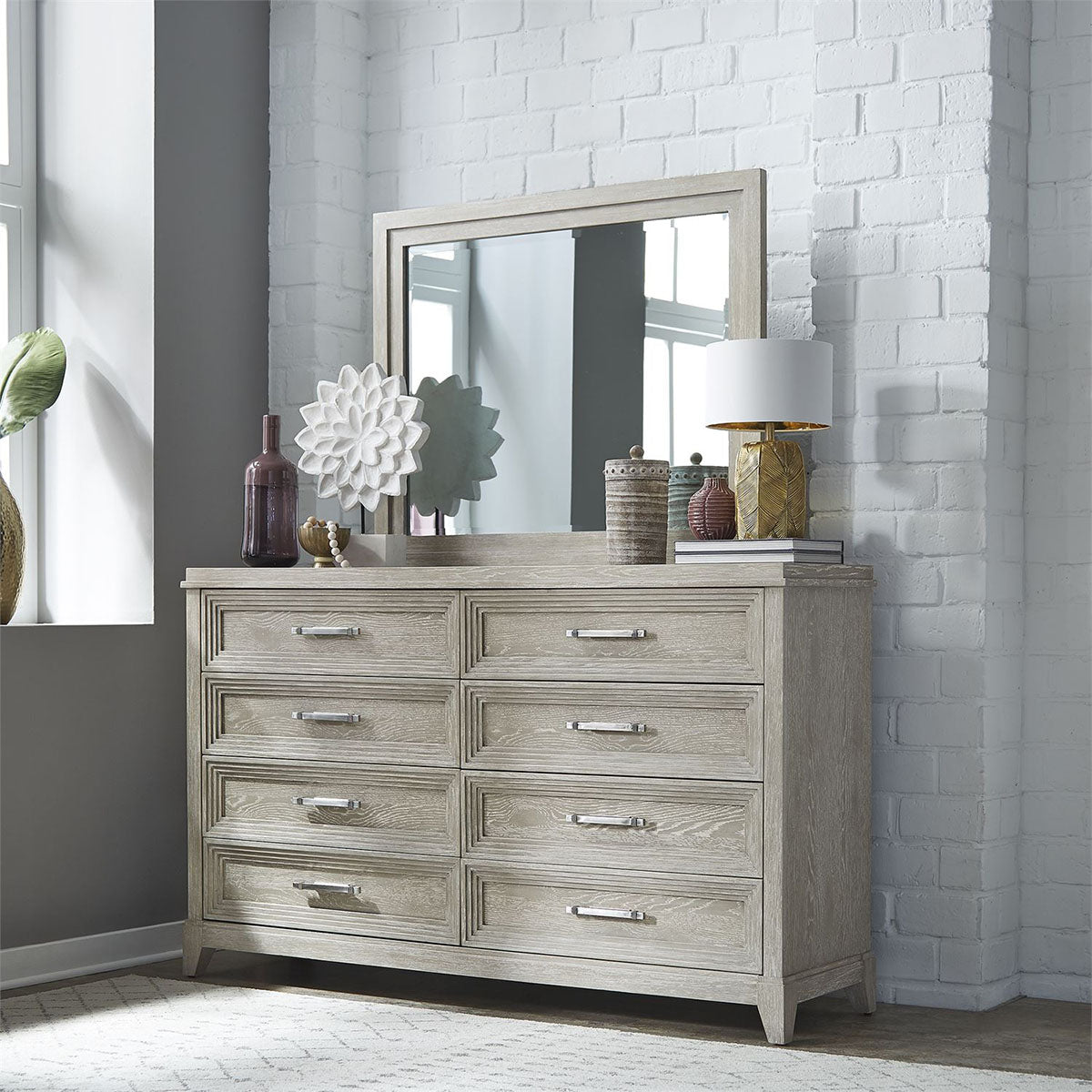 Liberty Furniture Belmar 8 Drawer Dresser in Washed Taupe and Silver Champagne - Luxury Home Furniture (MI)