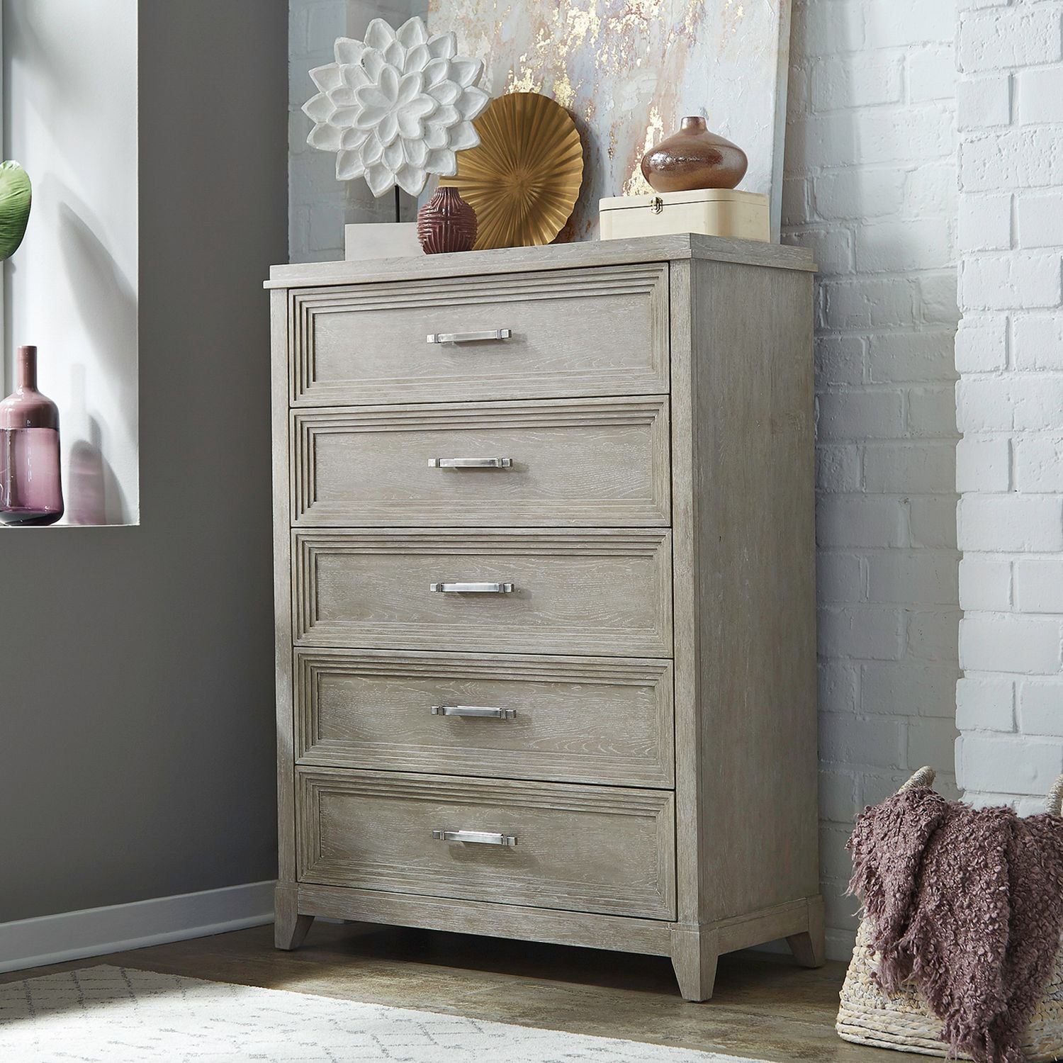 Liberty Furniture Belmar 5 Drawer Chest in Washed Taupe and Silver Champagne image