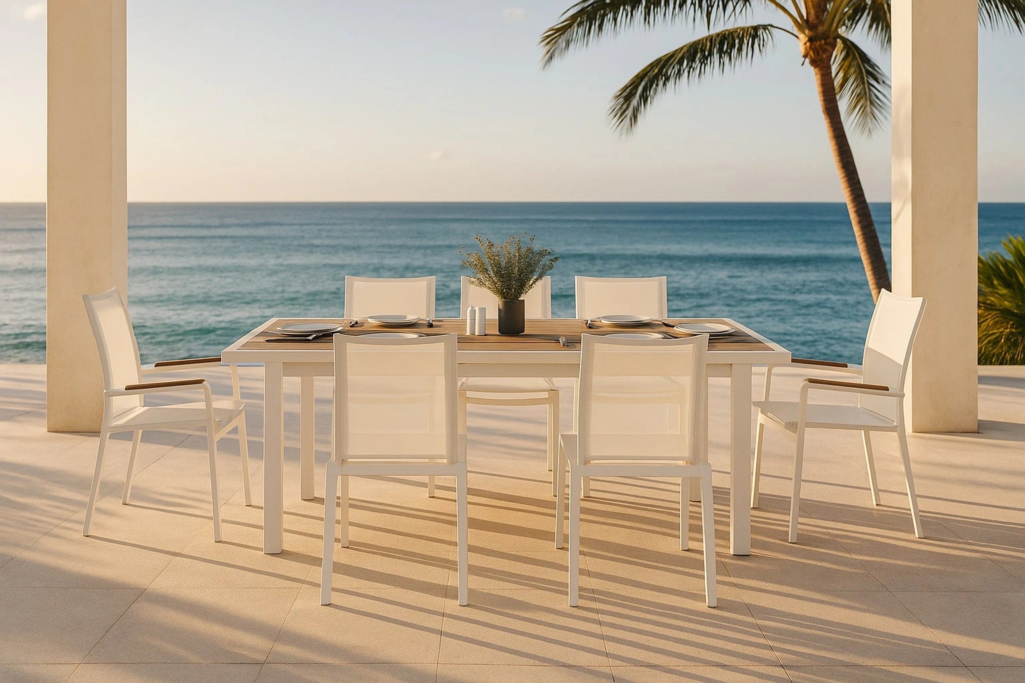 Nizuc White Mesh Waterproof Fabric Outdoor Patio Aluminum Mesh Dining Chair