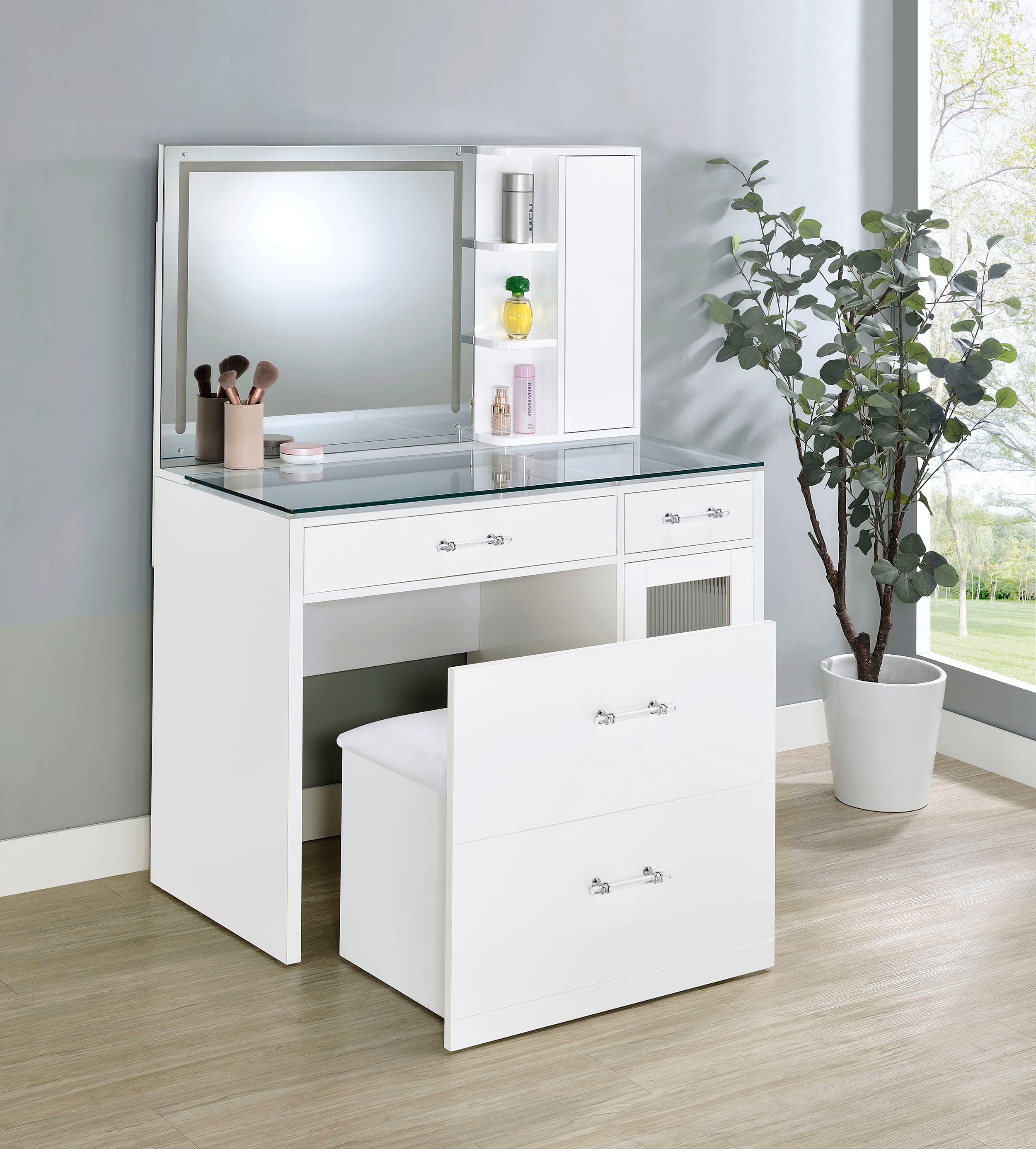 Flora Makeup Vanity Table with LED Mirror and Stool - Luxury Home Furniture (MI)