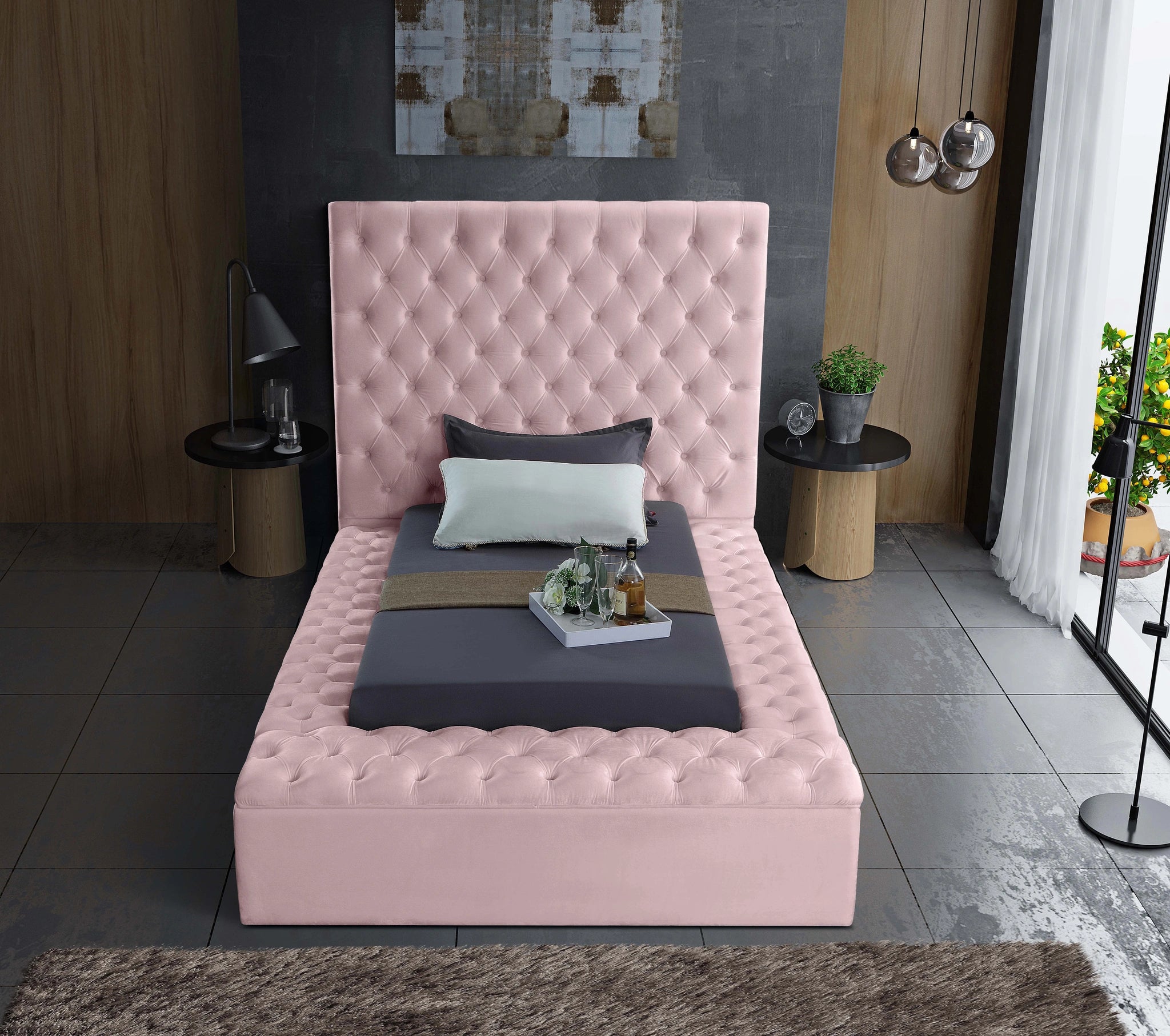 Bliss Pink Velvet Twin Bed (3 Boxes)
