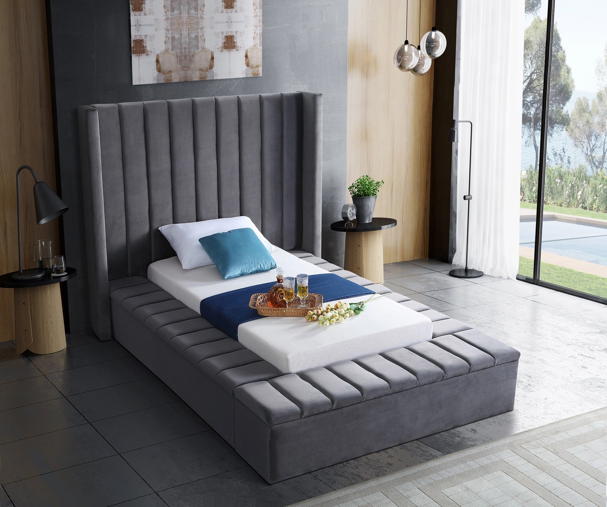 Kiki Grey Velvet Twin Bed (3 Boxes)