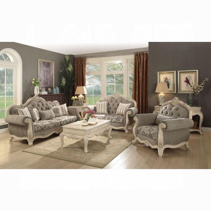 Ragenardus Gray Fabric & Antique White Sofa w/5 Pillows - Luxury Home Furniture (MI)
