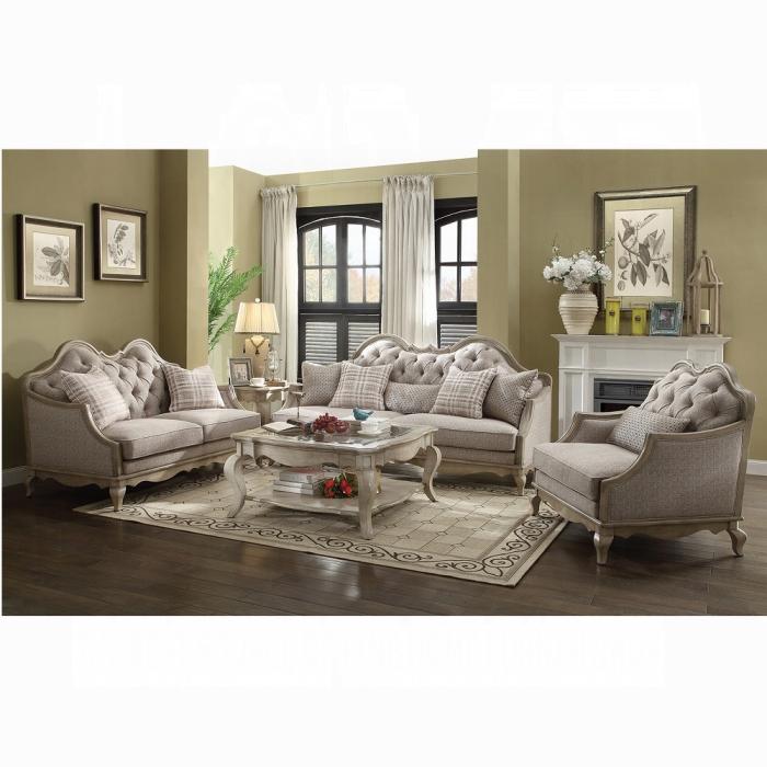 Chelmsford Beige Fabric & Antique Taupe Sofa w/5 Pillows - Luxury Home Furniture (MI)