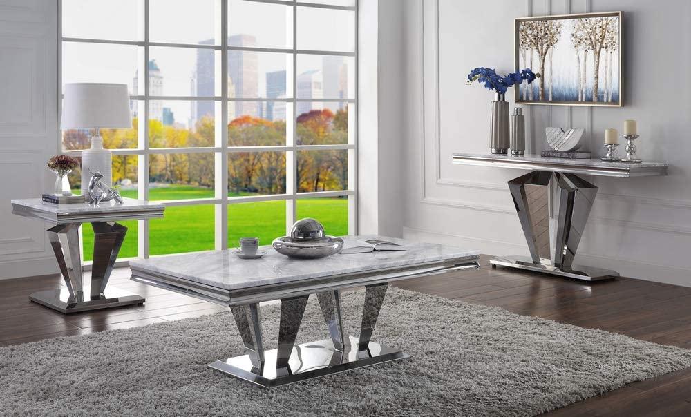 Satinka Light Gray Printed Faux Marble & Mirrored Silver Finish Table Set - Luxury Home Furniture (MI)