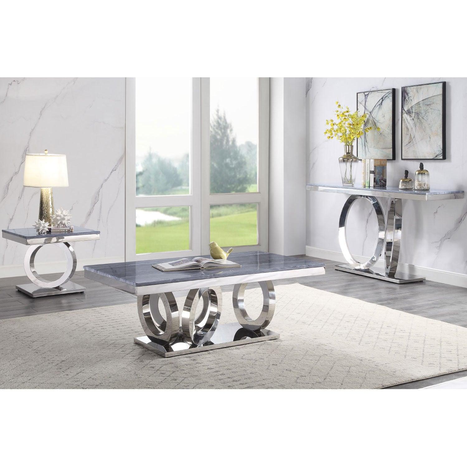 Zasir Gray Printed Faux Marble & Mirrored Silver Finish Table Set - Luxury Home Furniture (MI)