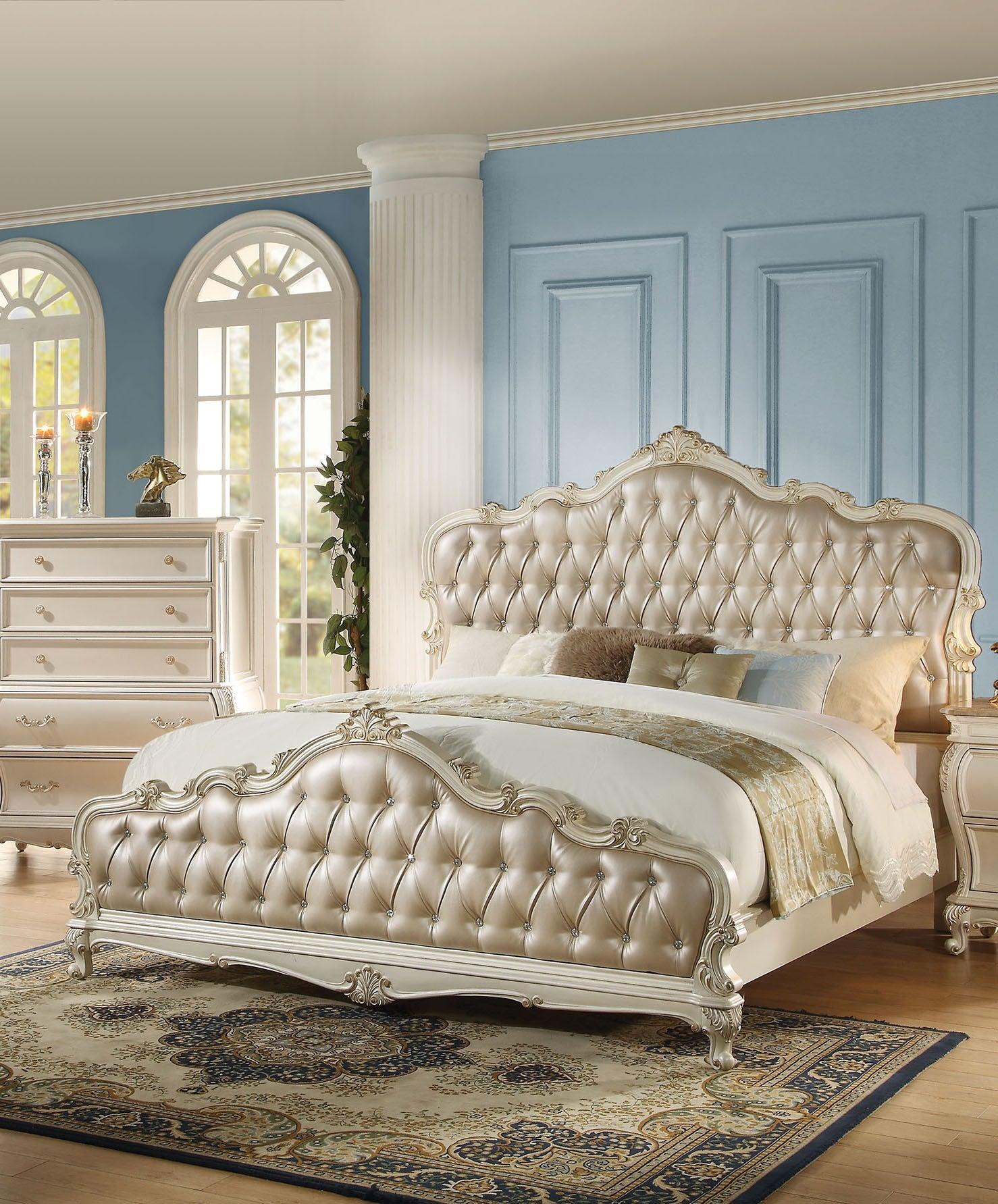Acme Chantelle King Bed with Button Tufted Panels in Pearl White 23537EK