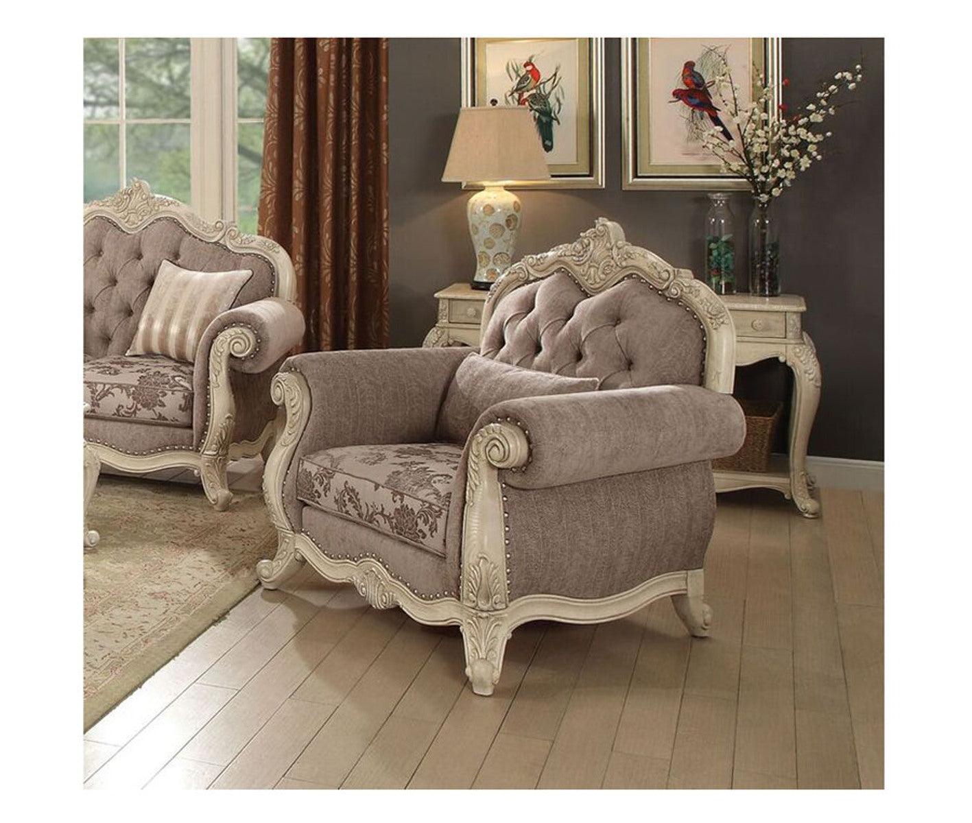 Acme Ragenardus Chair with 1 Pillow in Gray Fabric & Antique White 56022 - Luxury Home Furniture (MI)