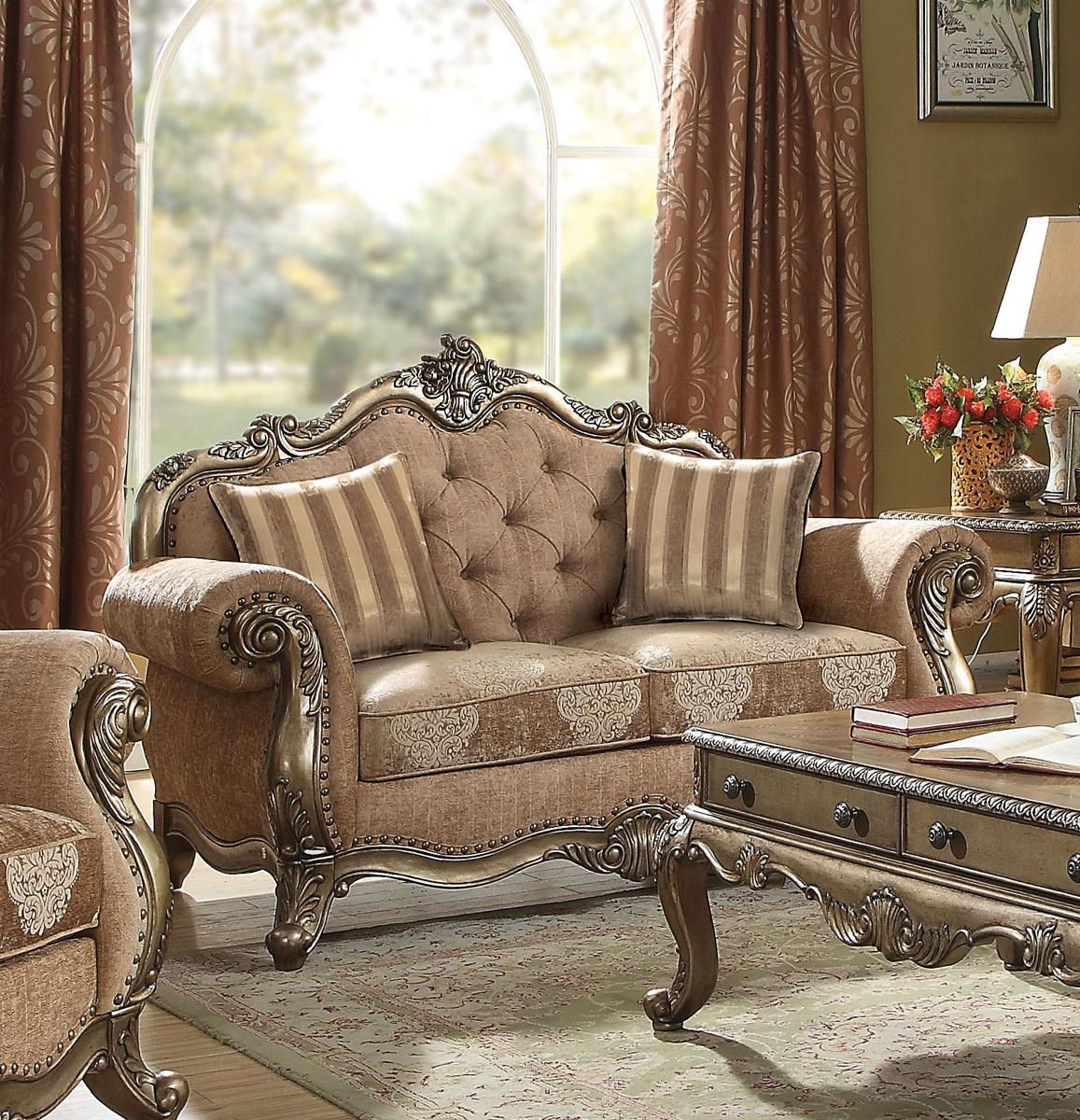 Acme Ragenardus Loveseat with 2 Pillows in Fabric & Vintage Oak 56031 - Luxury Home Furniture (MI)