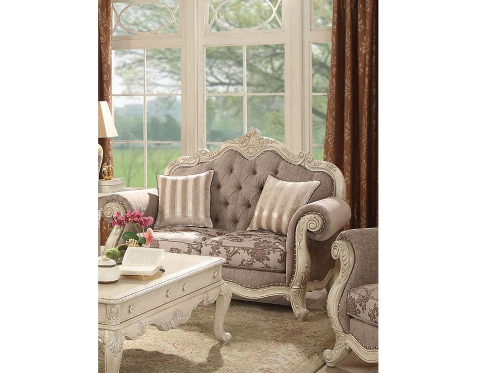 Acme Ragenardus Loveseat with 2 Pillows in Gray Fabric & Antique White 56021 - Luxury Home Furniture (MI)