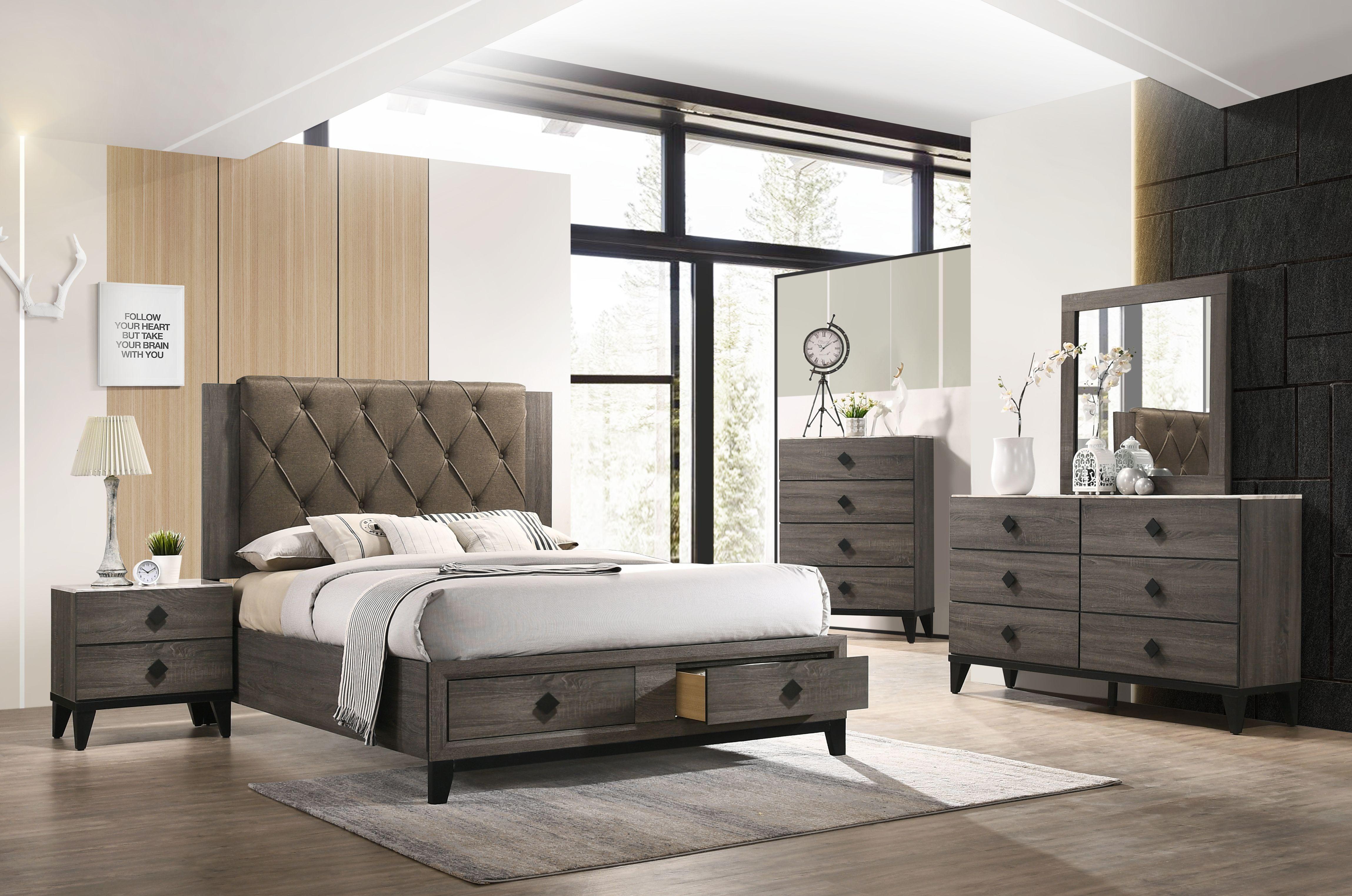 Avantika Fabric & Rustic Gray Oak Eastern King Bed (Storage) - Luxury Home Furniture (MI)