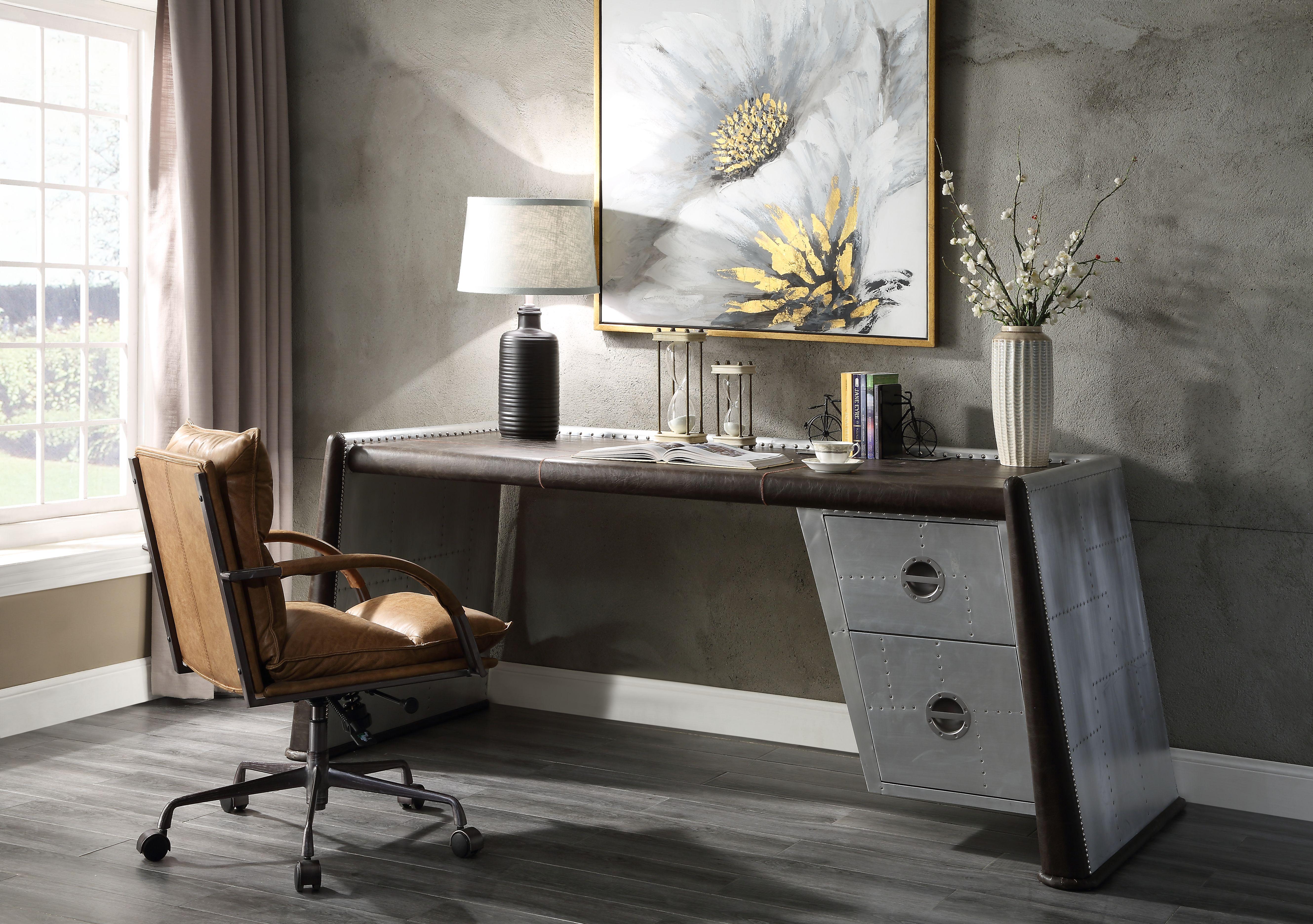 Brancaster Distress Chocolate Top Grain Leather & Aluminum Desk - Luxury Home Furniture (MI)