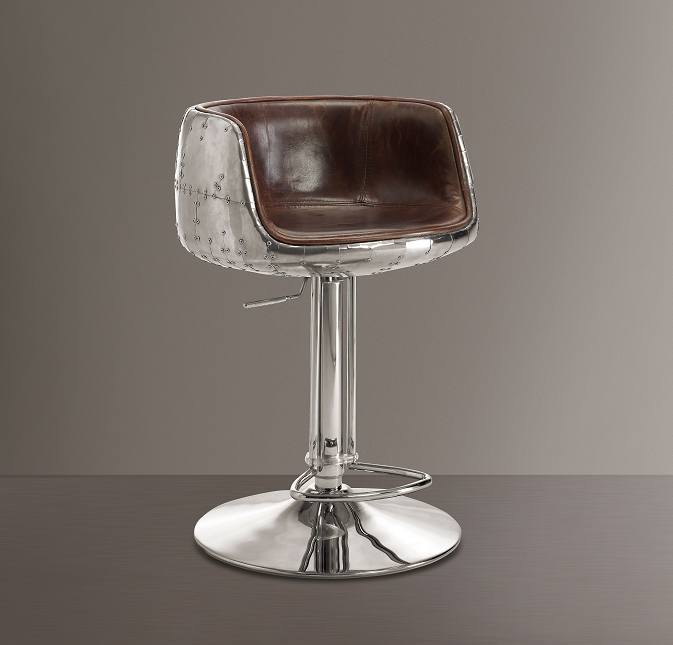 Brancaster Vintage Brown Top Grain Leather & Aluminum Adjustable Stool (1Pc) - Luxury Home Furniture (MI)