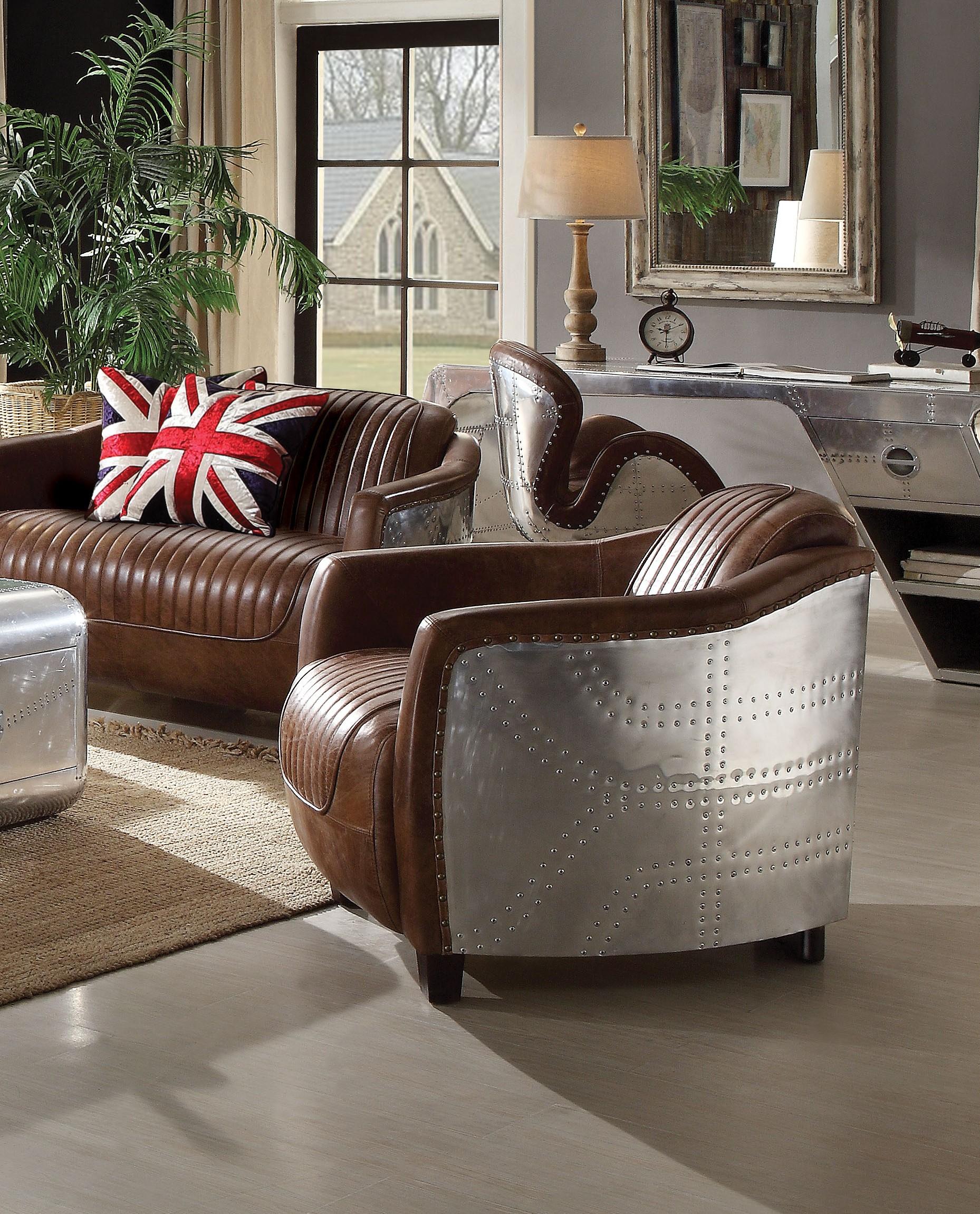 Brancaster Retro Brown Top Grain Leather & Aluminum Chair - Luxury Home Furniture (MI)