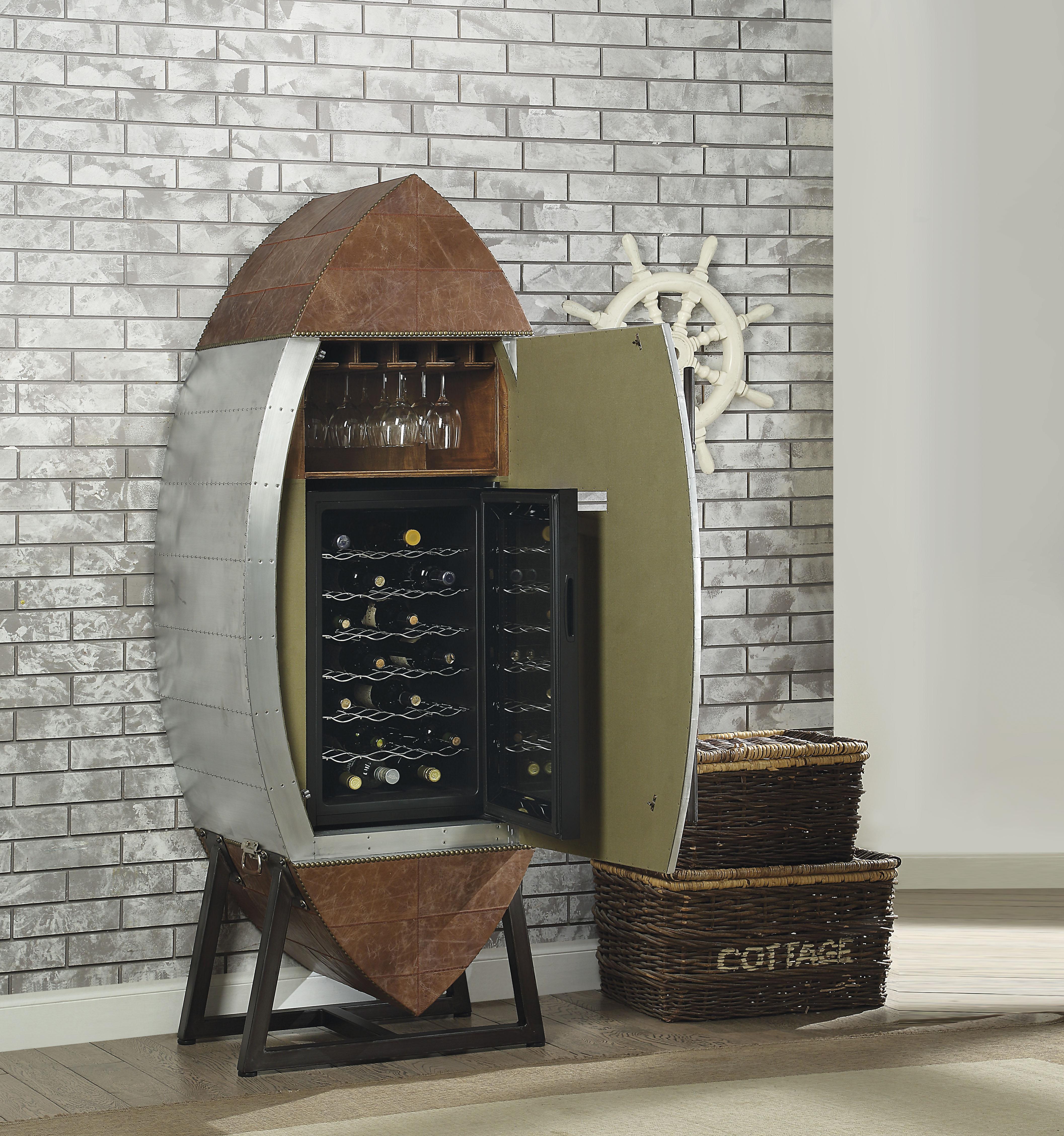 Brancaster Retro Brown Top Grain Leather & Aluminum Wine Cabinet & Cooler - Luxury Home Furniture (MI)