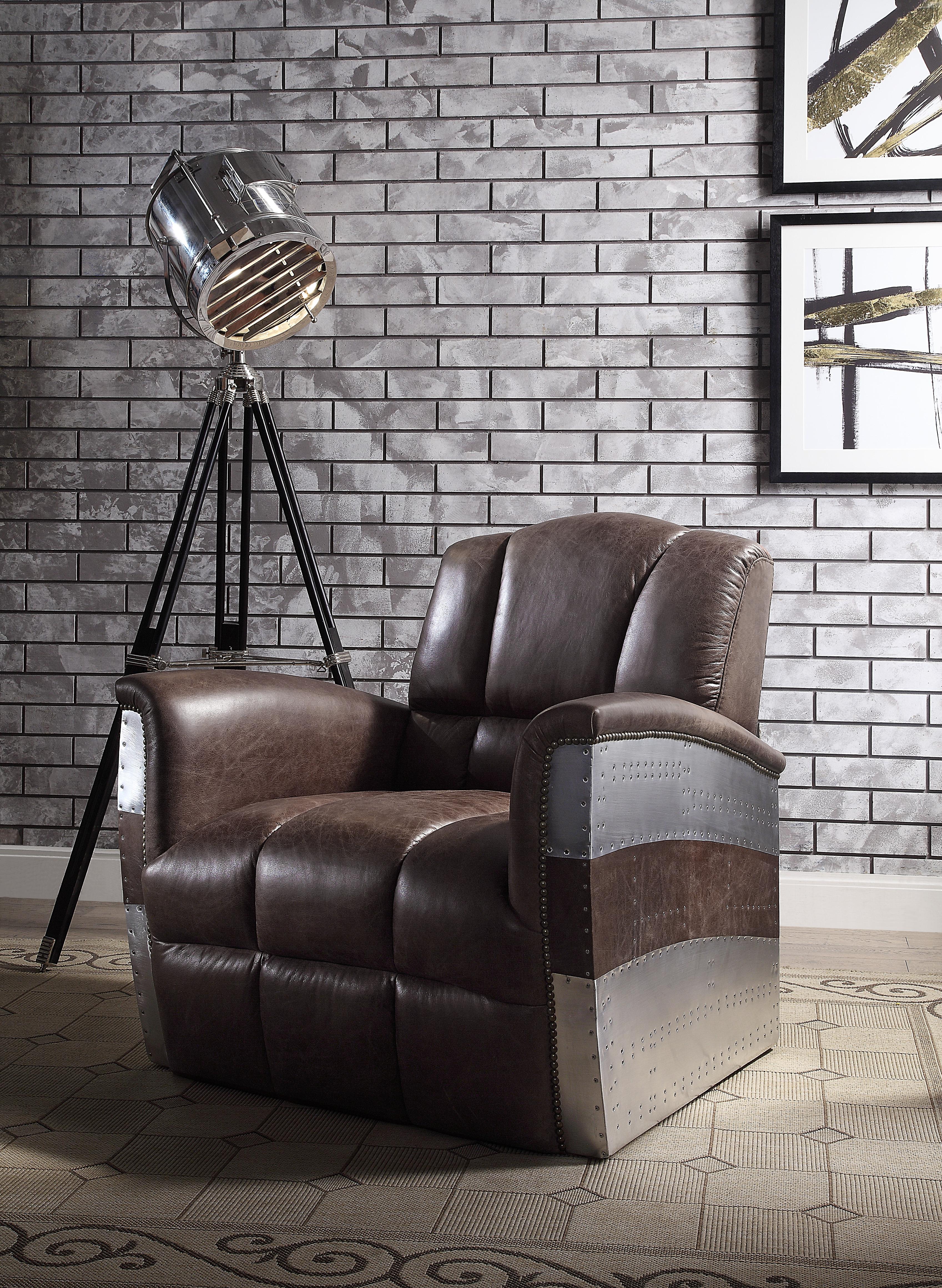 Brancaster Retro Brown Top Grain Leather & Aluminum Accent Chair - Luxury Home Furniture (MI)