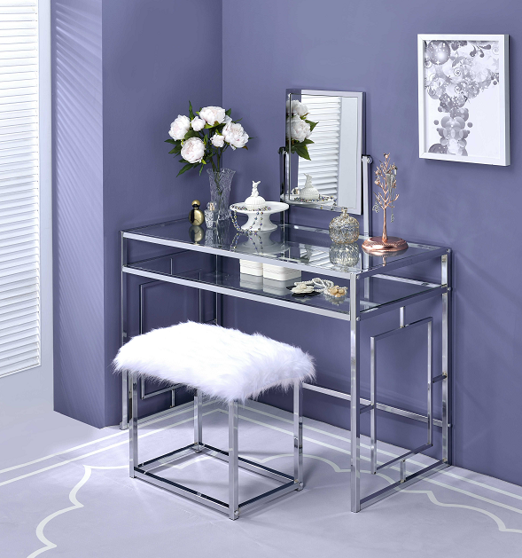 Carenze II White Faux Fur & Chrome Vanity Set - Luxury Home Furniture (MI)