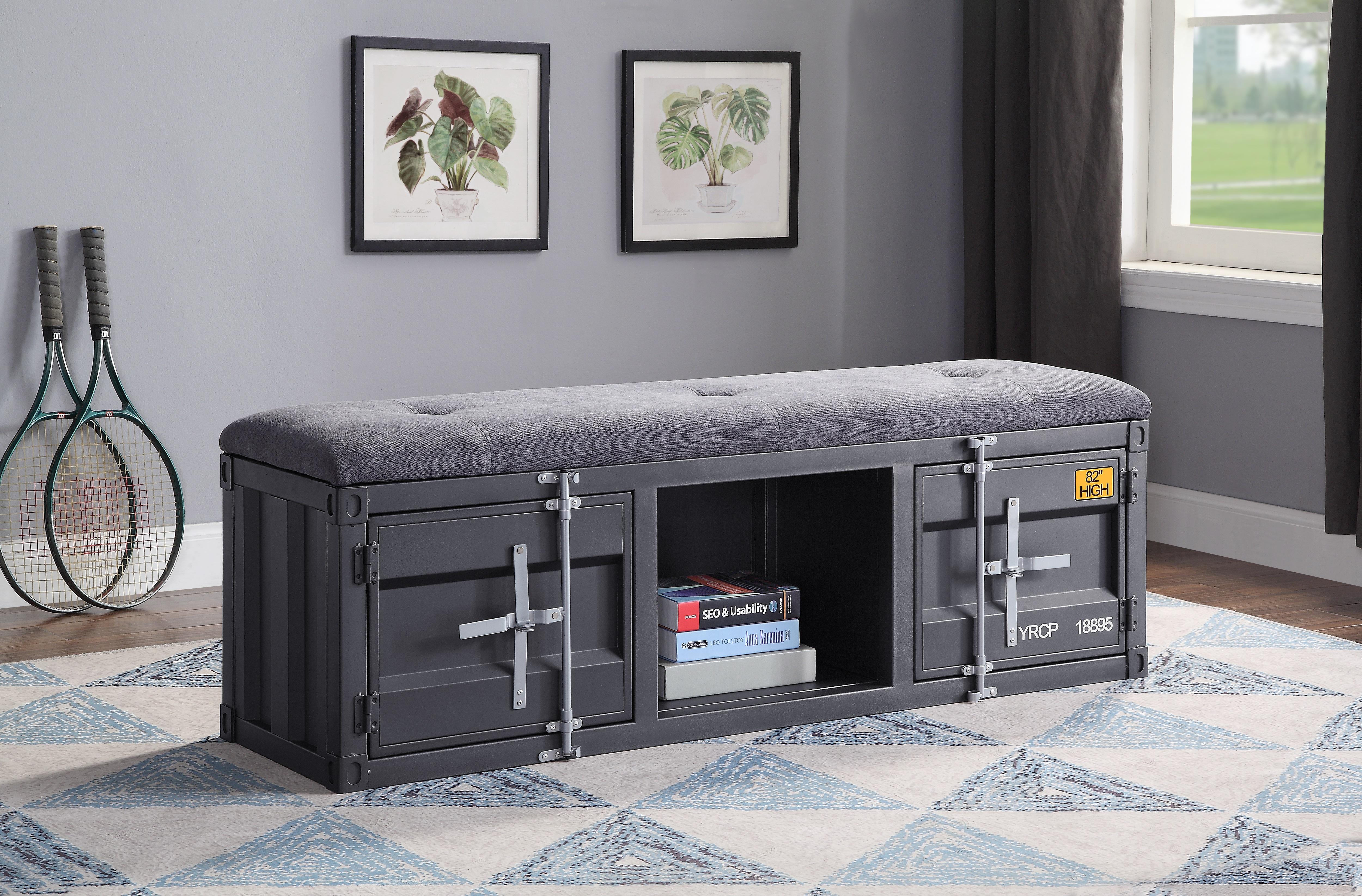 Cargo Gray Fabric & Gunmetal Bench (Storage) - Luxury Home Furniture (MI)