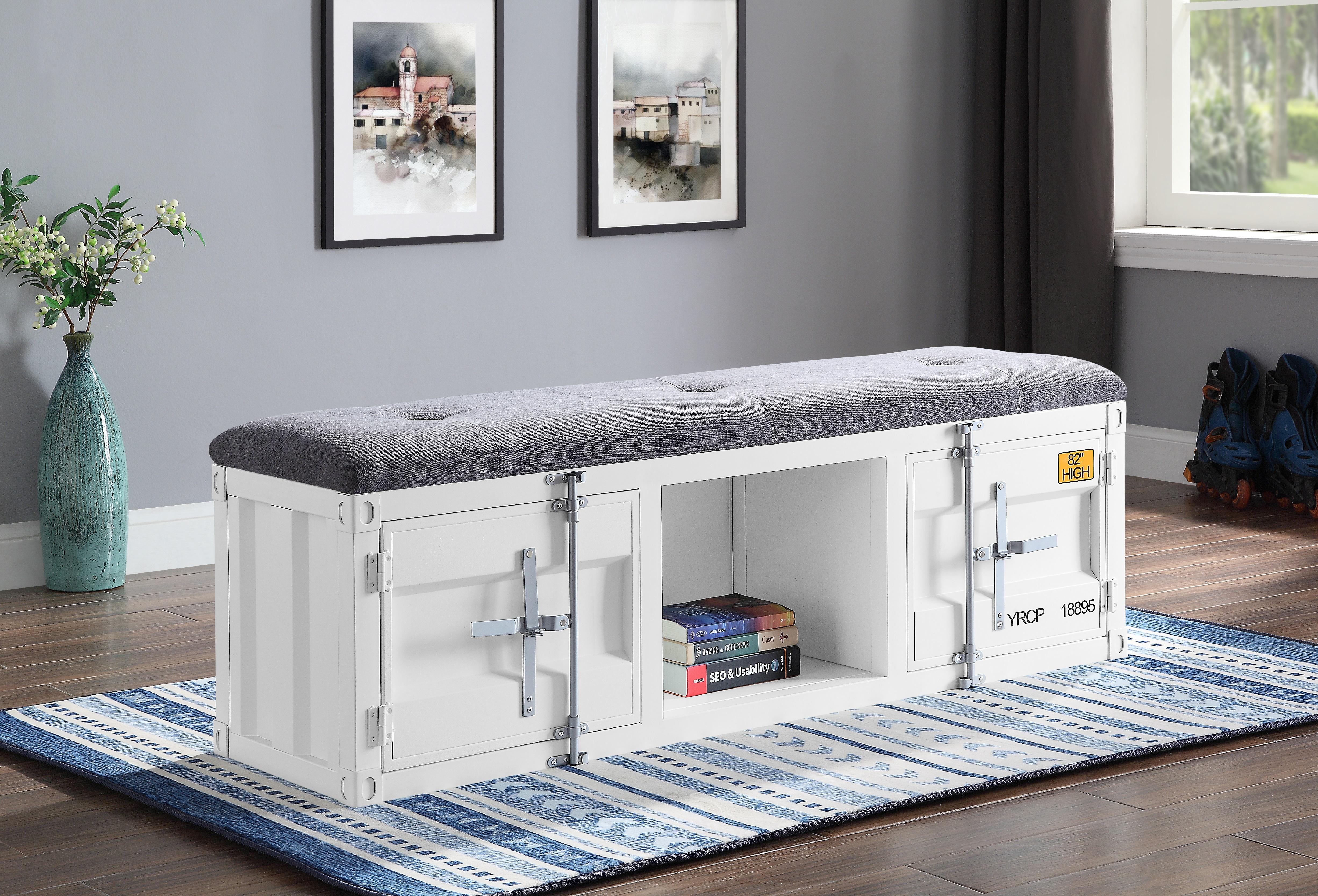Cargo Gray Fabric & White Bench (Storage) - Luxury Home Furniture (MI)