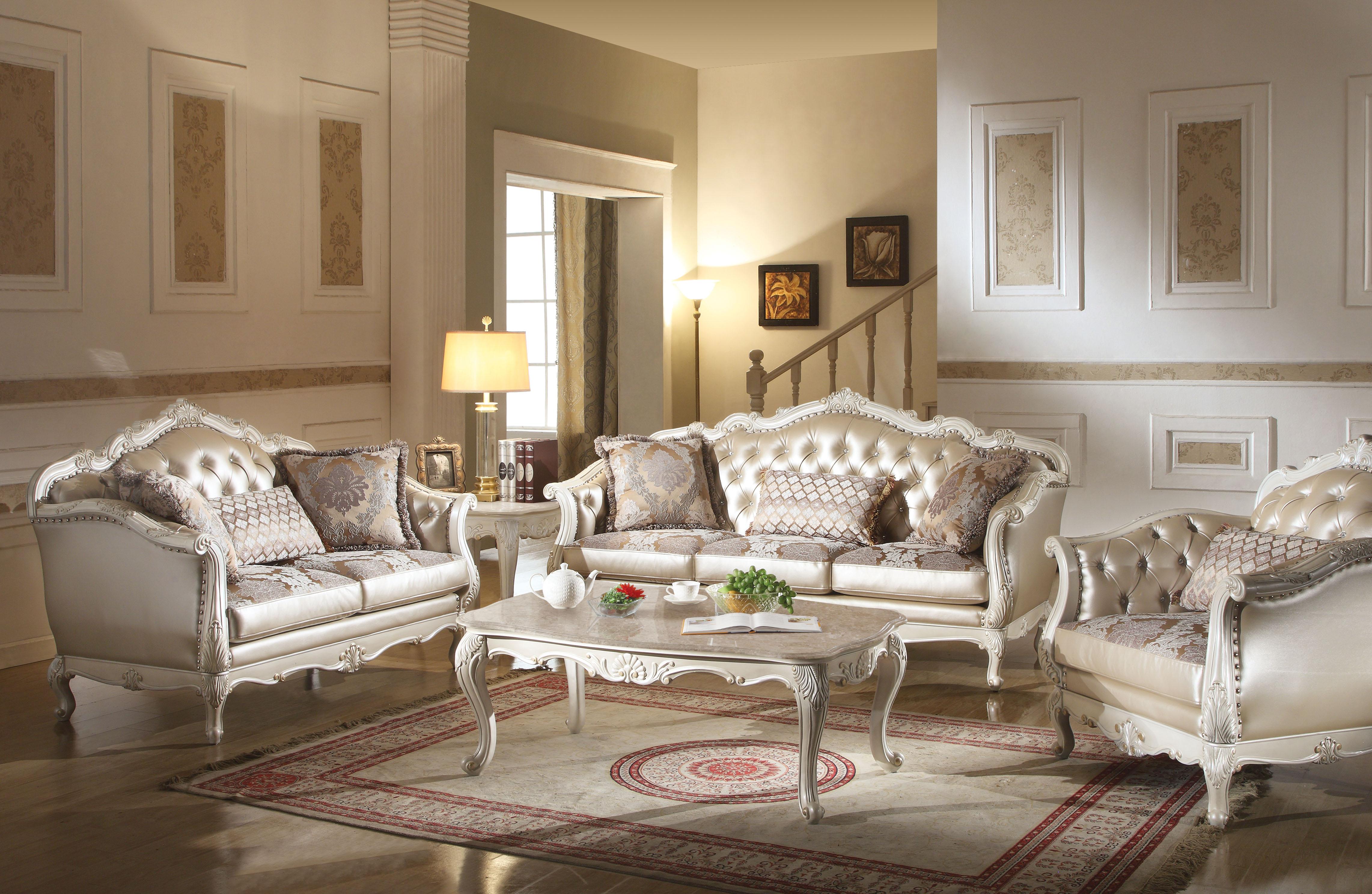 Chantelle Rose Gold PU/Fabric & Pearl White Sofa w/3 Pillows - Luxury Home Furniture (MI)