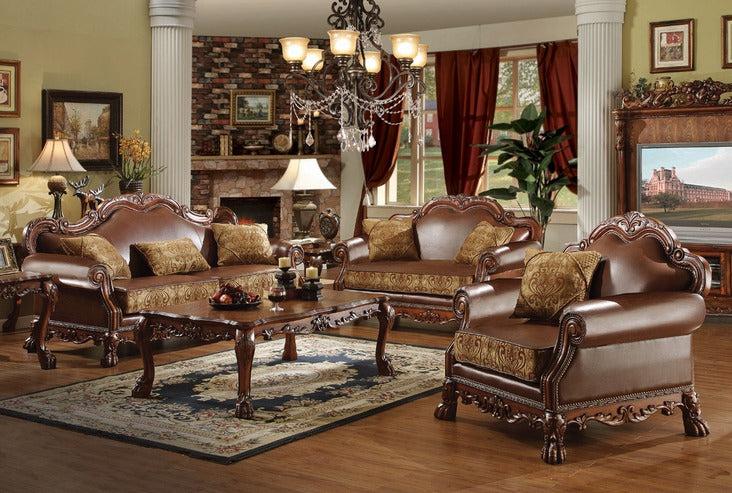 Dresden Brown PU & Chenille, Cherry Oak 3-Piece Living Room Set - Luxury Home Furniture (MI)