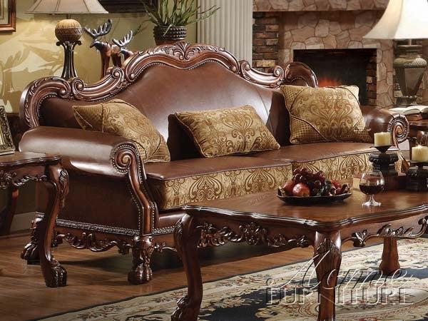 Dresden Brown PU & Chenille, Cherry Oak Sofa w/3 Pillows - Luxury Home Furniture (MI)