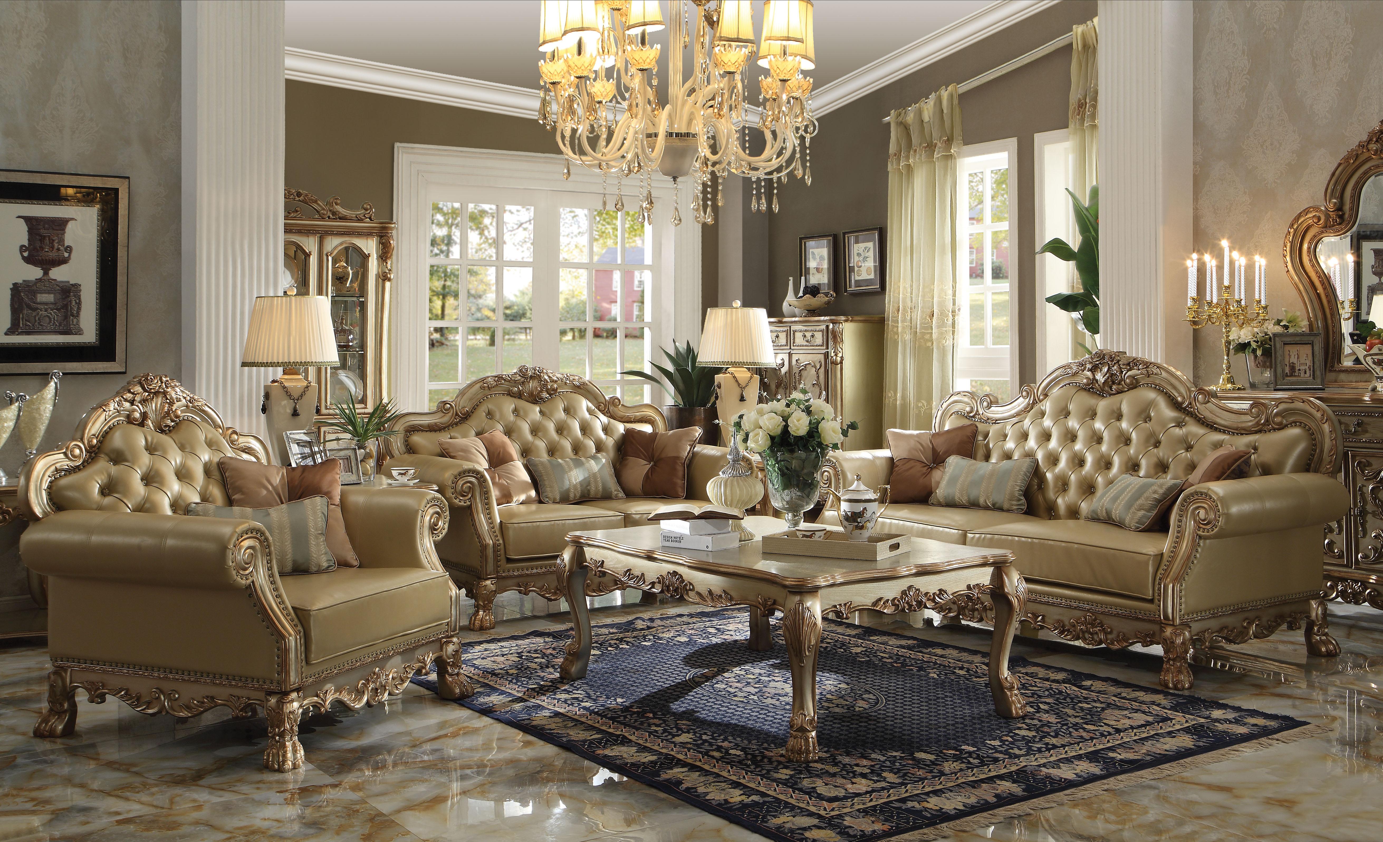 Dresden Bone PU & Gold Patina Sofa w/4 Pillows - Luxury Home Furniture (MI)