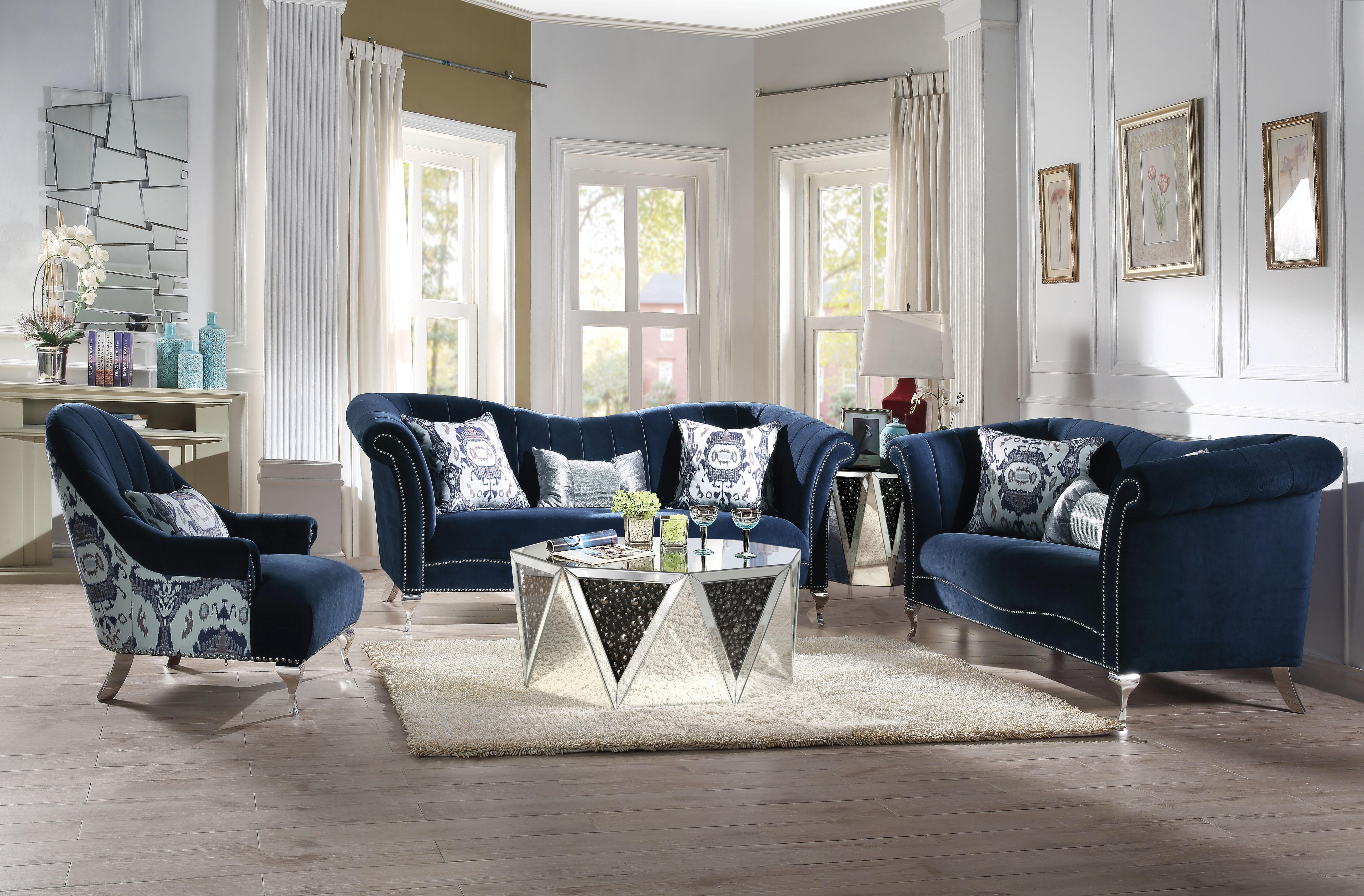 Jaborosa Blue Velvet Sofa w/3 Pillows - Luxury Home Furniture (MI)