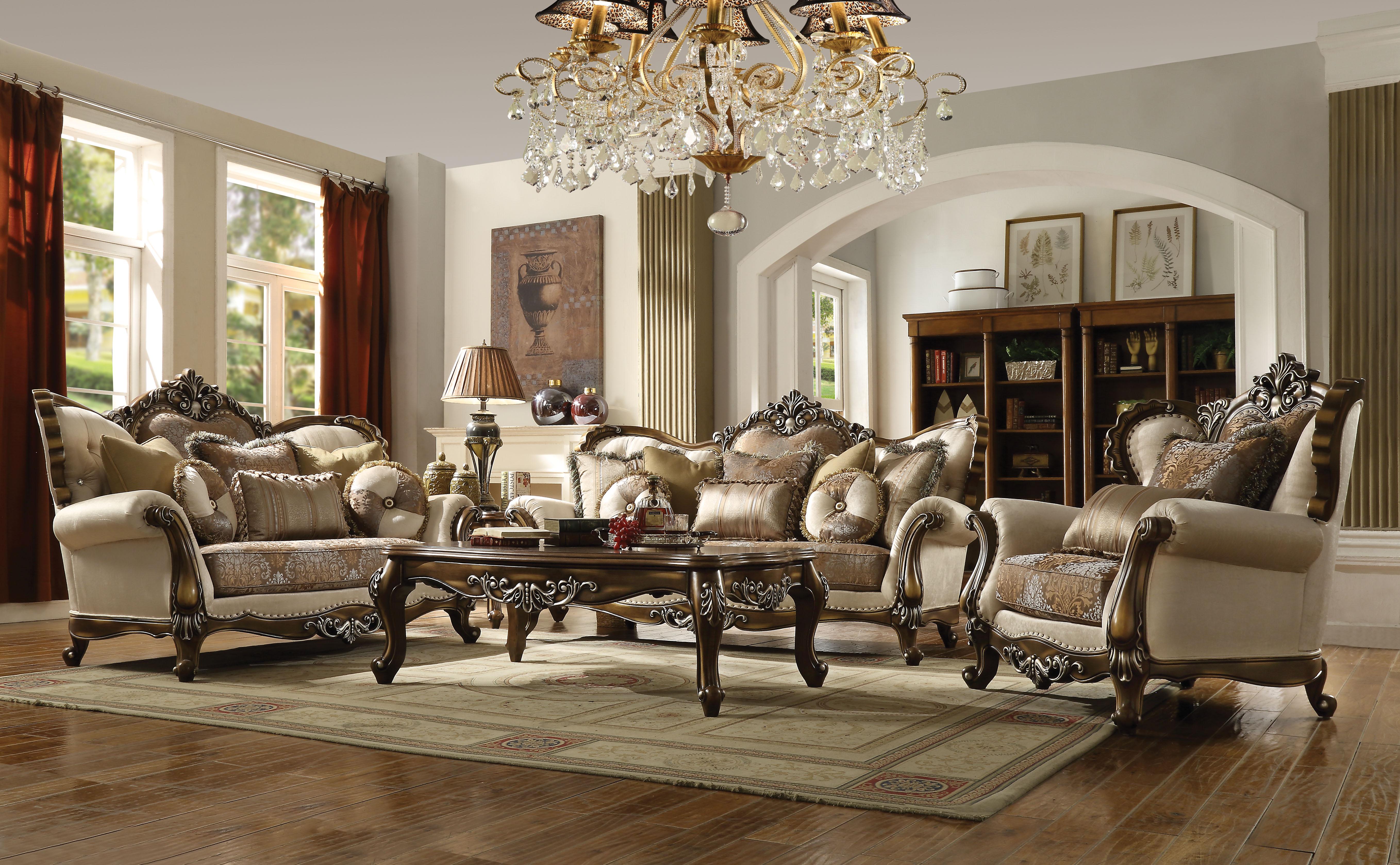 Latisha Tan, Pattern Fabric & Antique Oak Sofa w/6 Pillows - Luxury Home Furniture (MI)