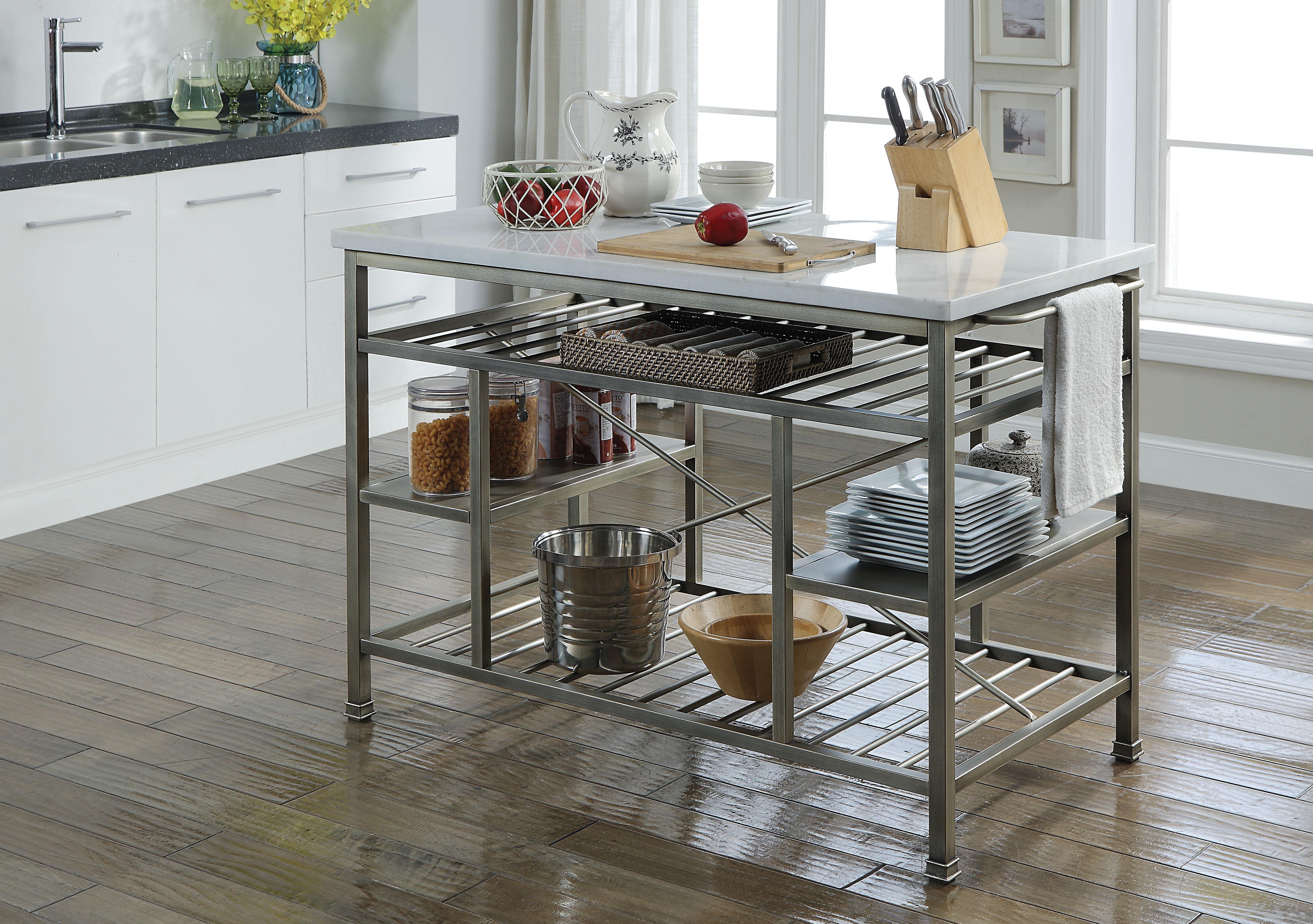 Lanzo Marble & Antique Pewter Kitchen Island (Counter) - Luxury Home Furniture (MI)