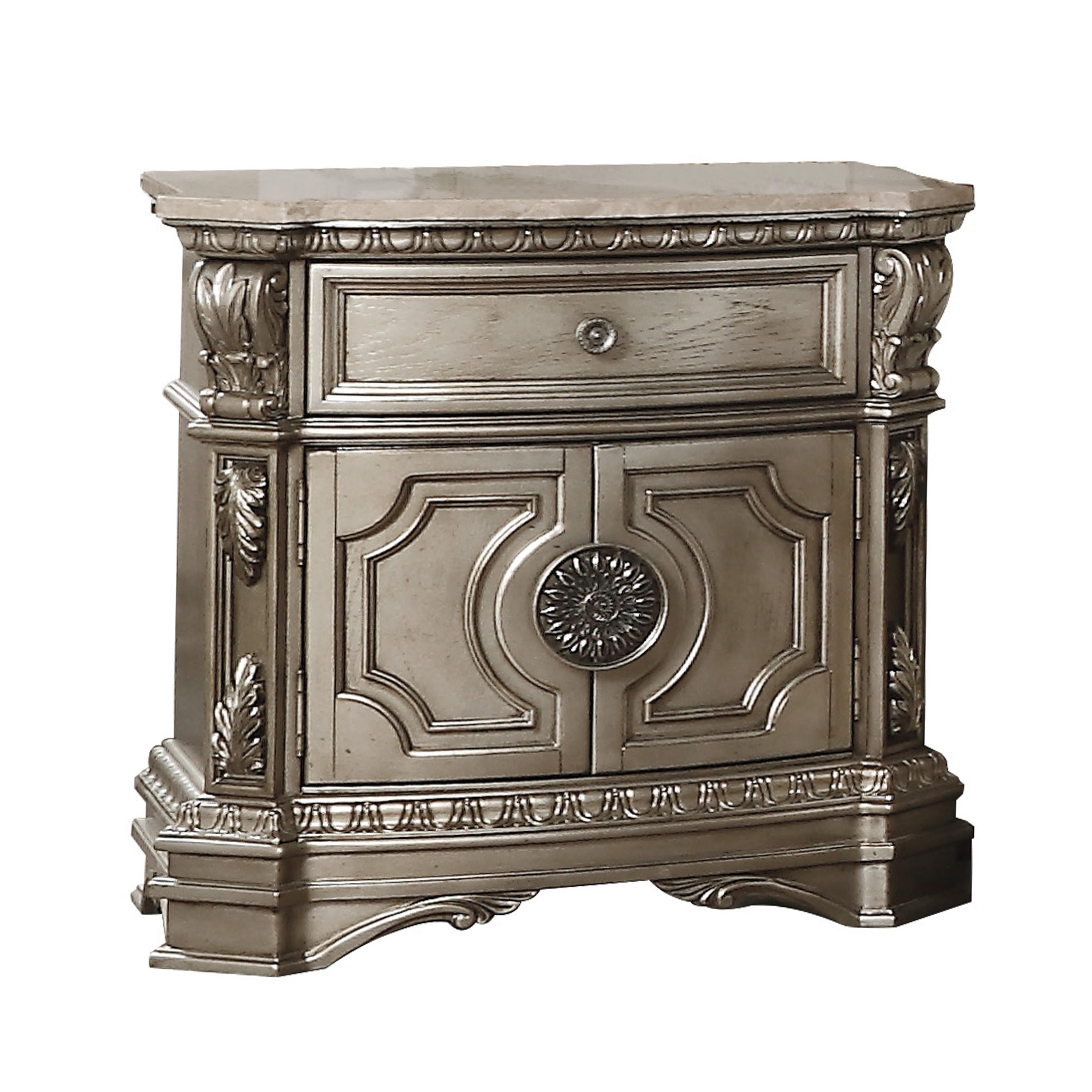 Northville Antique Silver Nightstand (MARBLE TOP) - Luxury Home Furniture (MI)
