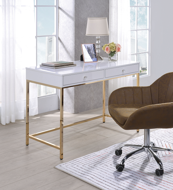 Ottey White High Gloss & Gold Desk - Luxury Home Furniture (MI)