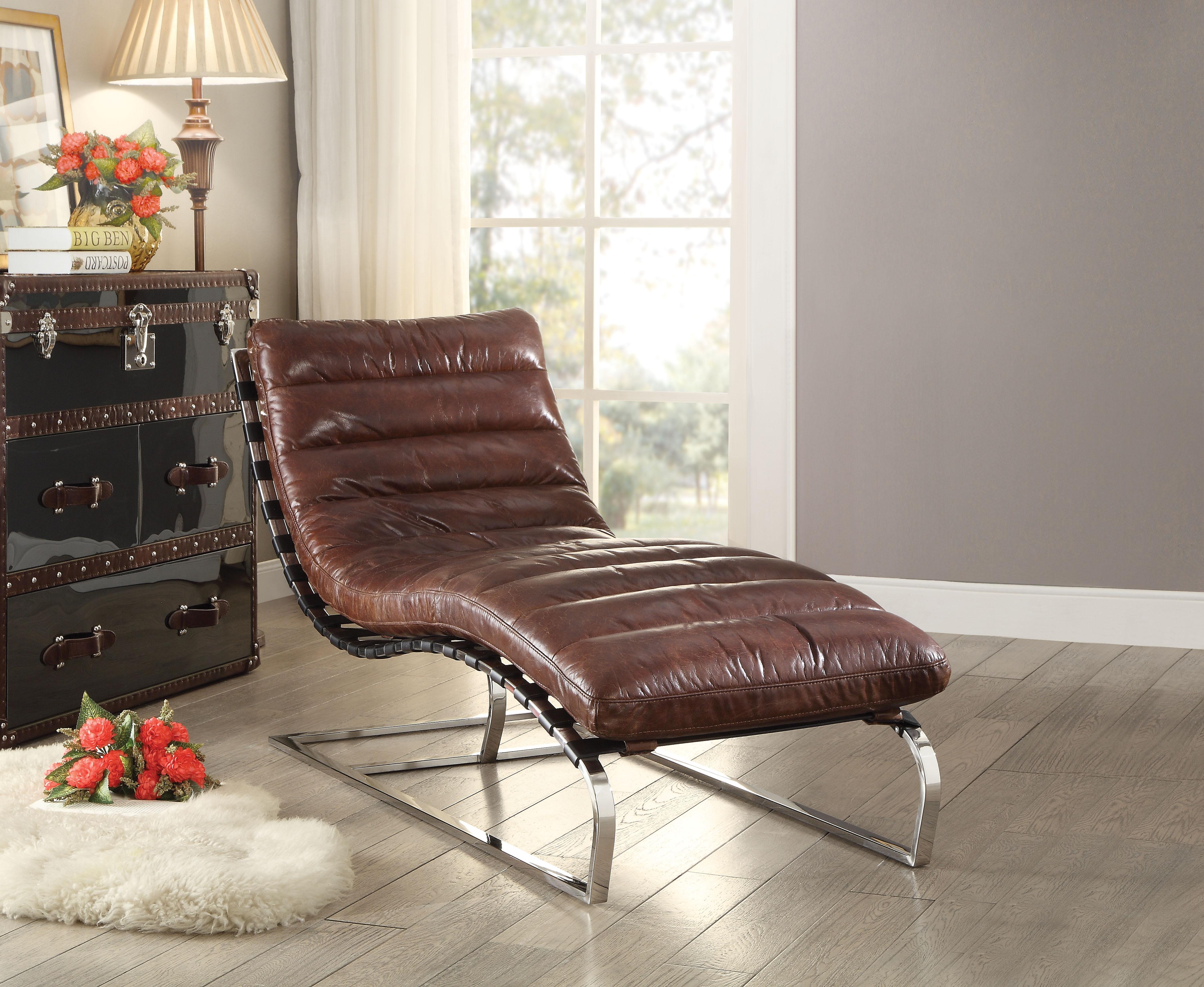Qortini Vintage Dark Brown Top Grain Leather & Stainless Steel Chaise - Luxury Home Furniture (MI)