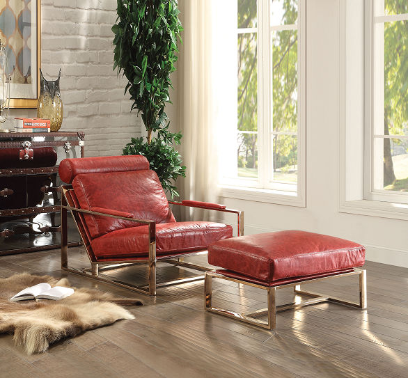 Quinto Antique Red Top Grain Leather & Stainless Steel Accent Chair - Luxury Home Furniture (MI)