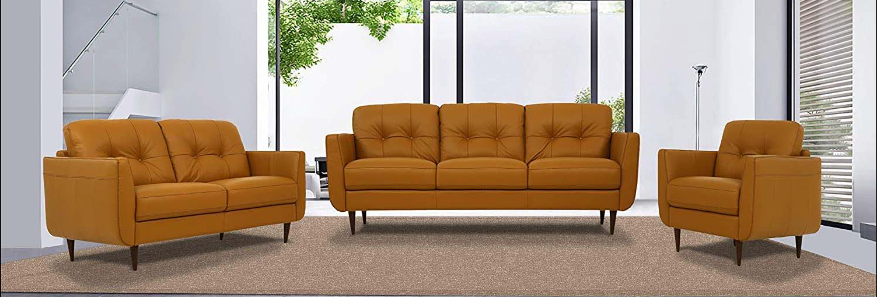 Radwan Pesto Camel Leather 3-Piece Living Room Set - Luxury Home Furniture (MI)