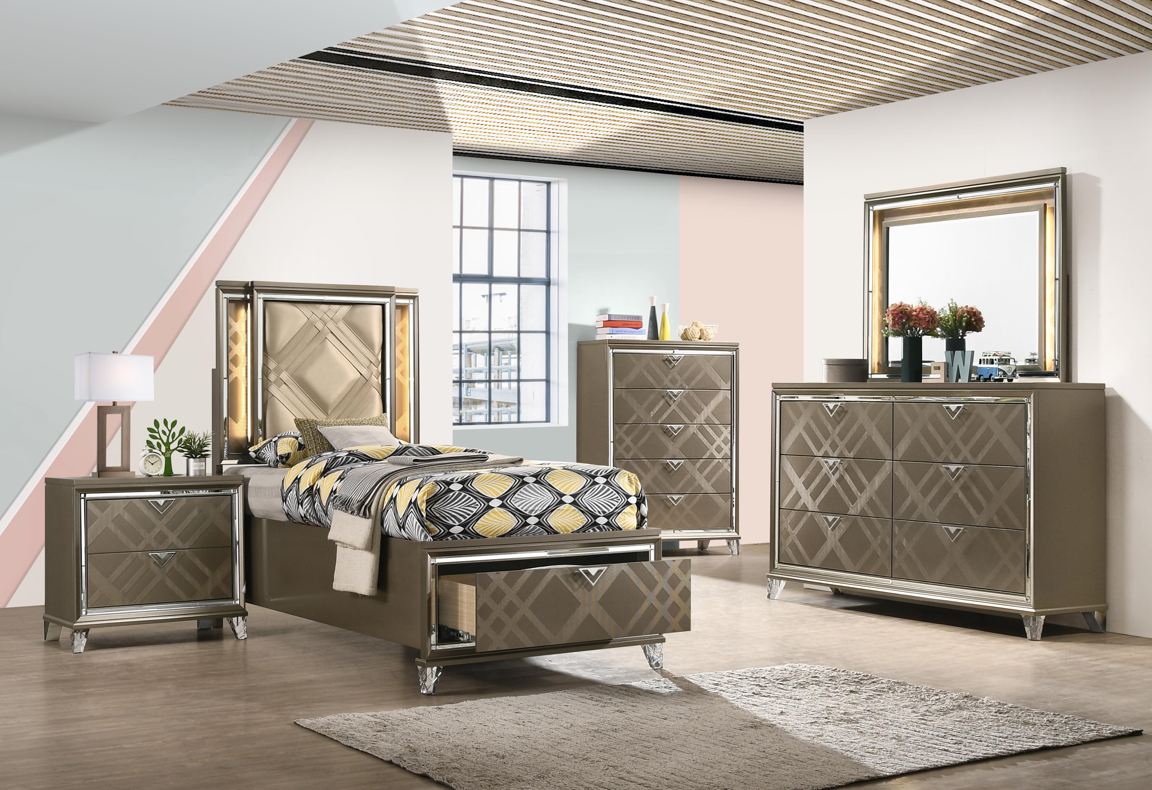 Skylar LED, PU & Dark Champagne Twin Bed (Storage & LED) - Luxury Home Furniture (MI)