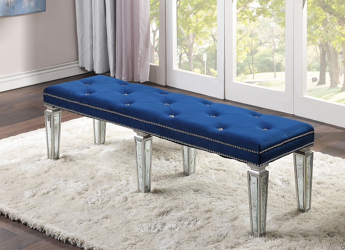 Varian Blue Velvet & Mirrored Bench - Luxury Home Furniture (MI)