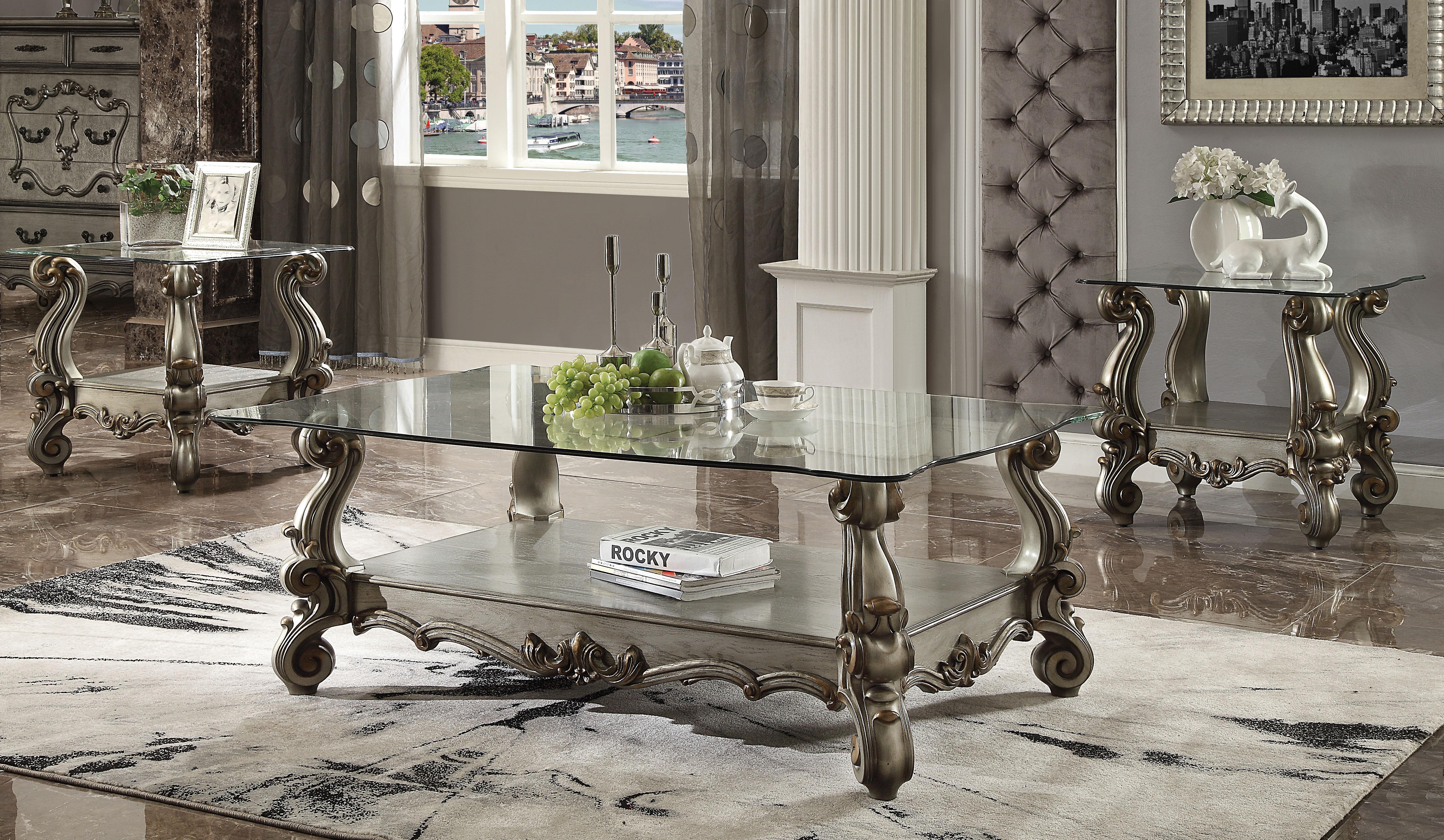 Versailles Antique Platinum & Clear Glass Coffee Table - Luxury Home Furniture (MI)