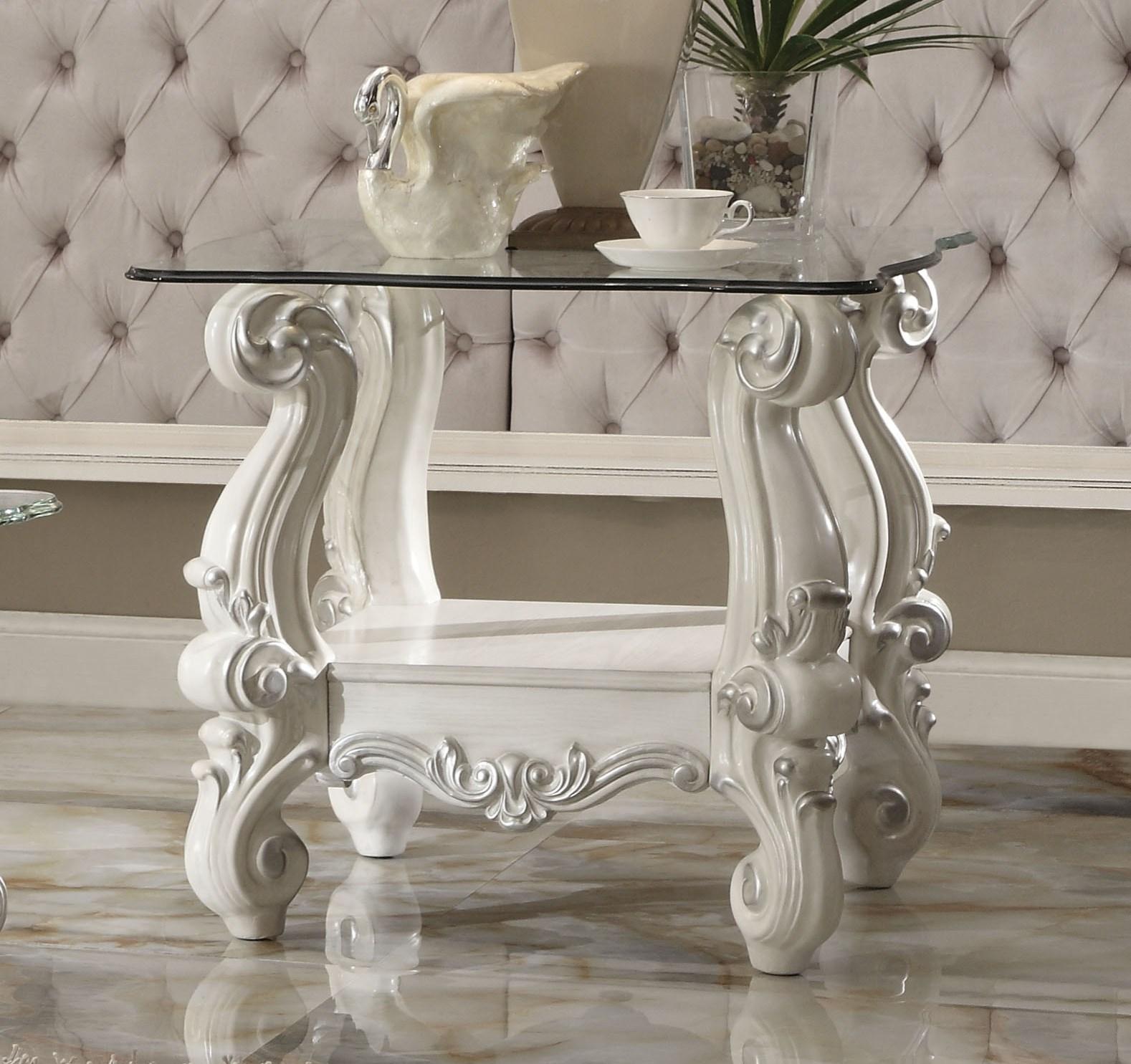 Versailles Bone White & Clear Glass End Table - Luxury Home Furniture (MI)