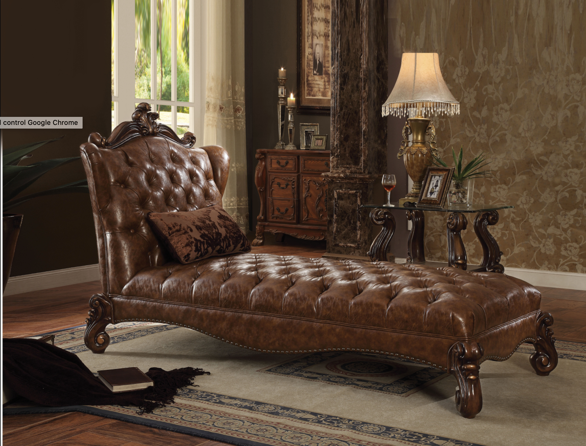 Versailles 2-Tone Light Brown PU & Cherry Oak Chaise & Pillow - Luxury Home Furniture (MI)