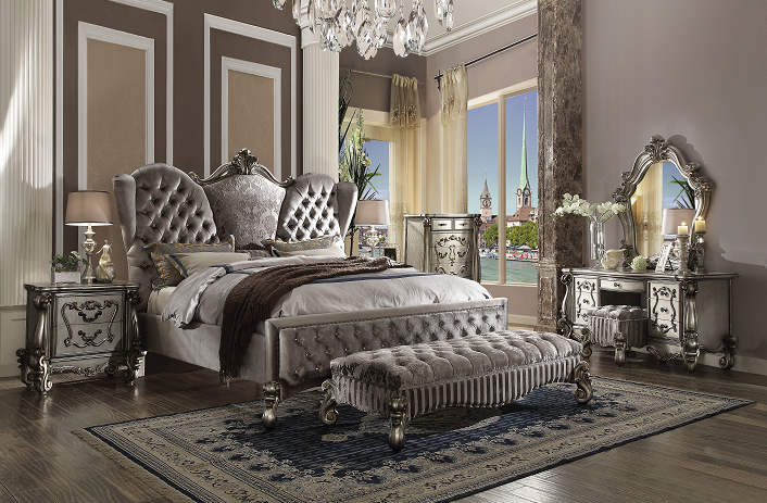 Versailles Velvet & Antique Platinum Queen Bed - Luxury Home Furniture (MI)