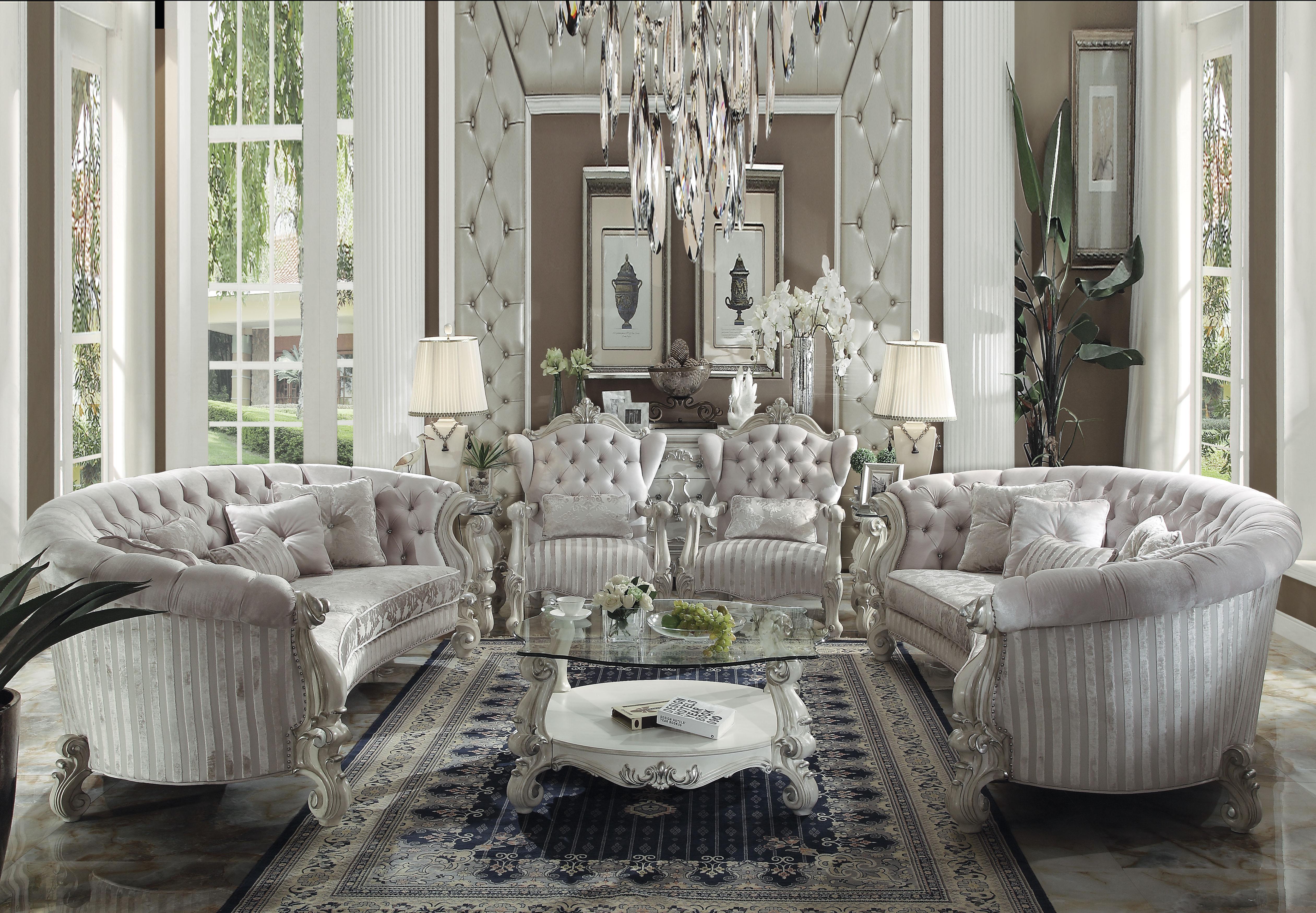 Versailles Ivory Velvet & Bone White Sofa w/5 Pillows - Luxury Home Furniture (MI)