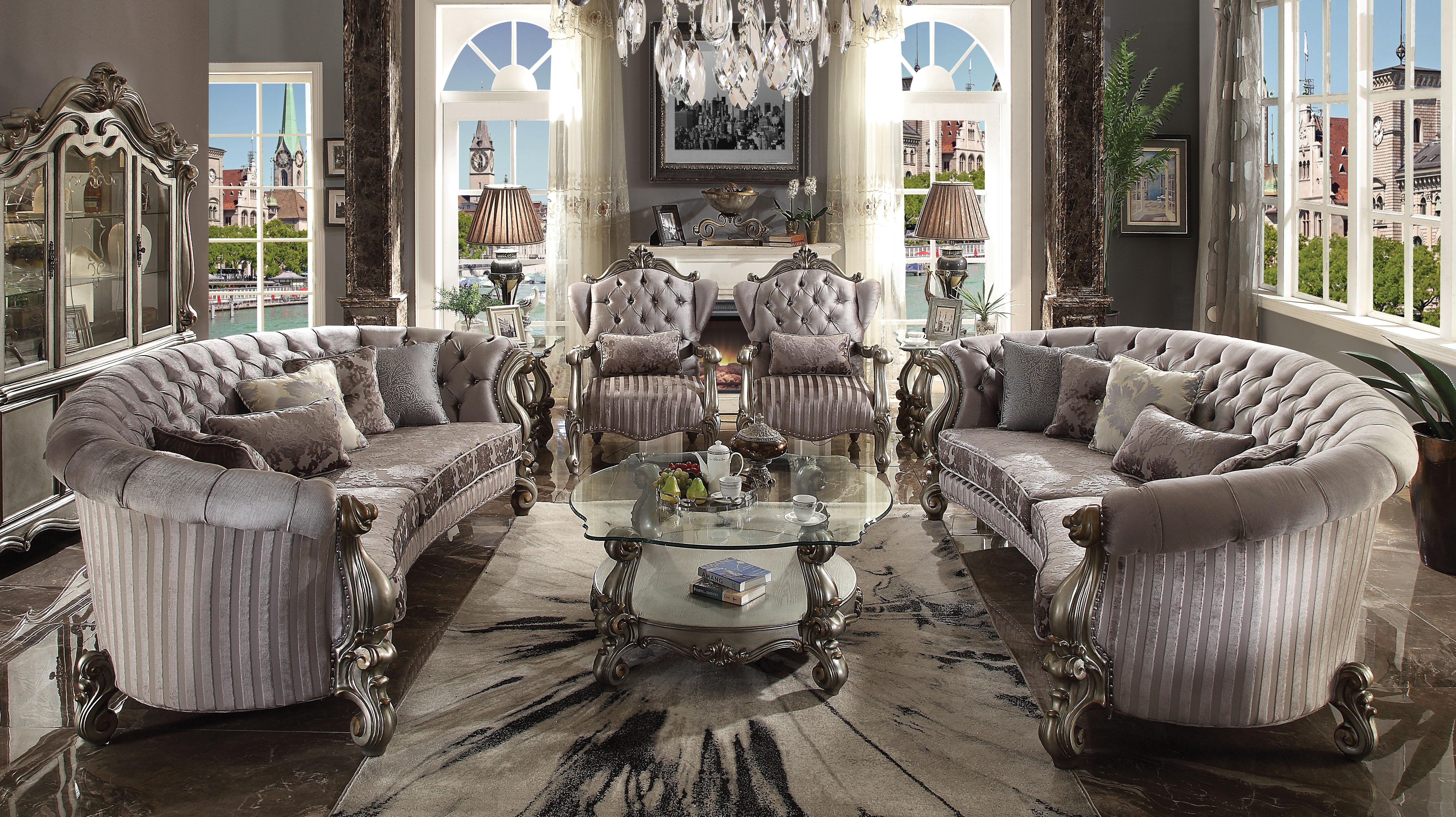 Versailles Velvet & Antique Platinum Sofa w/5 Pillows - Luxury Home Furniture (MI)
