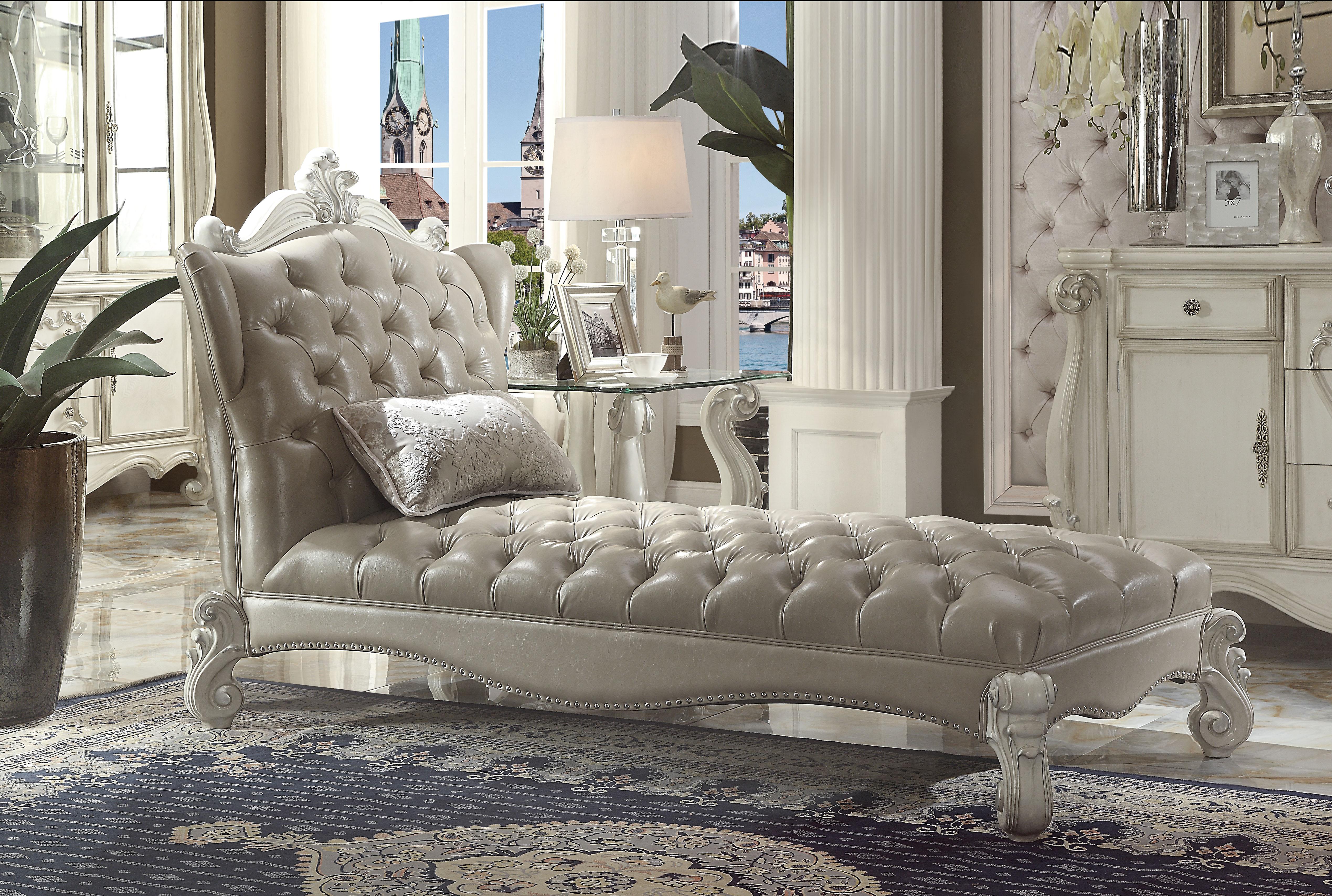 Versailles Vintage Gray PU & Bone White Chaise & Pillow - Luxury Home Furniture (MI)