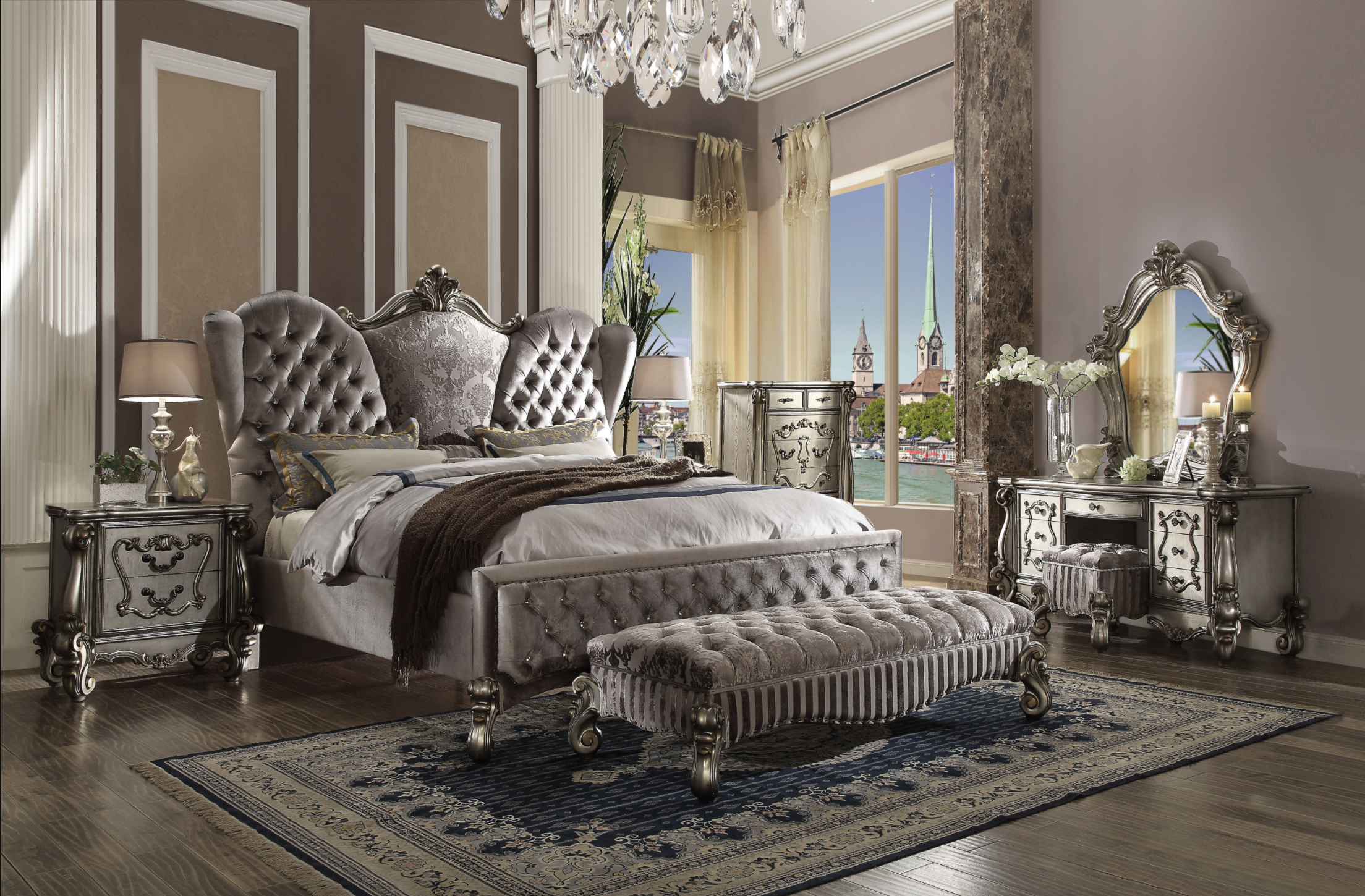 Versailles Velvet & Antique Platinum California King Bed - Luxury Home Furniture (MI)