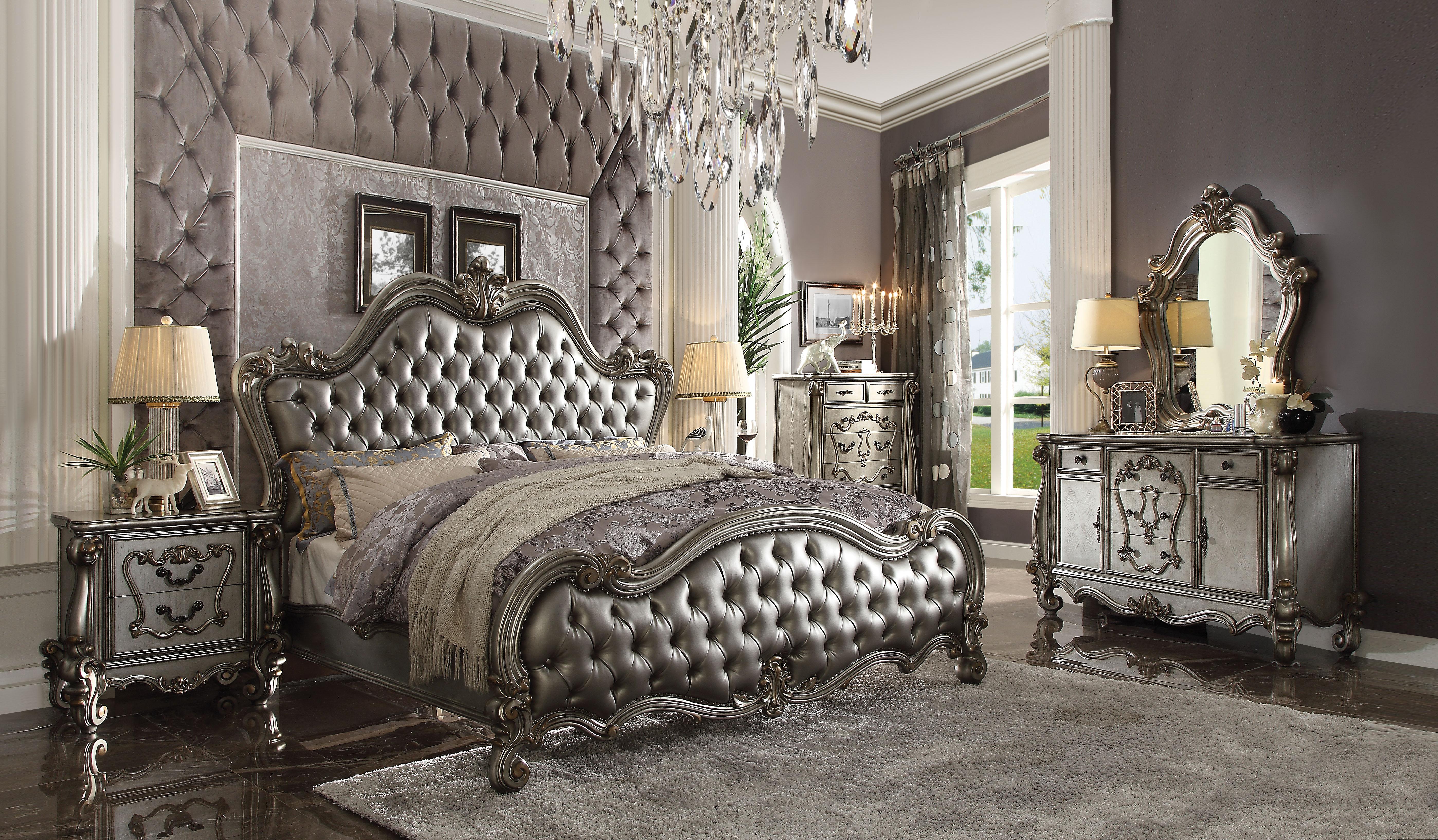 Versailles II Silver PU & Antique Platinum Queen Bed - Luxury Home Furniture (MI)