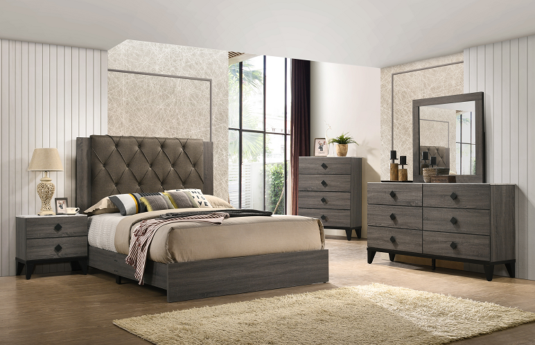 Avantika Fabric & Rustic Gray Oak Eastern King Bed - Luxury Home Furniture (MI)
