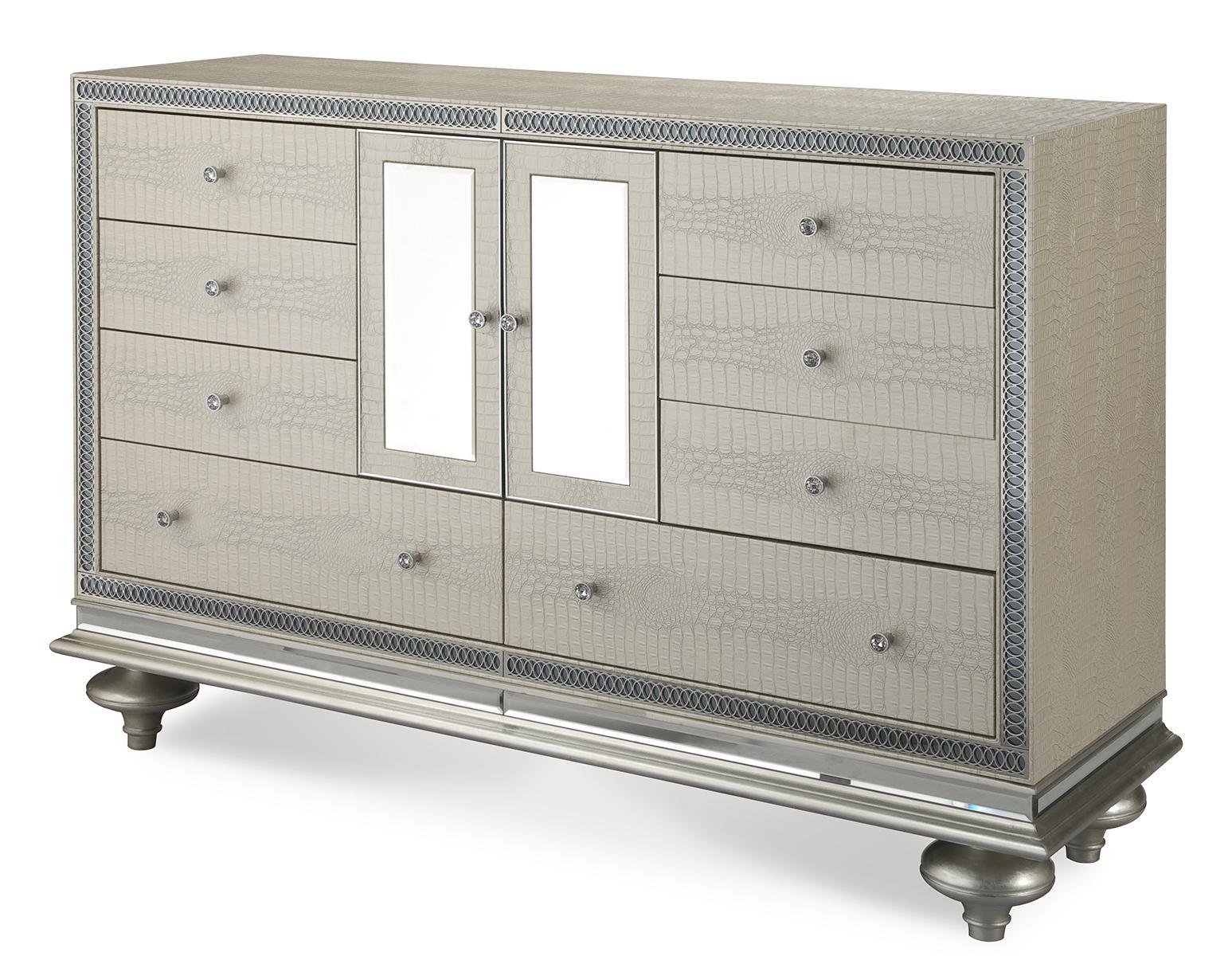 grey dresser with crystal knobs 1Pc Glam 9 Drawer Dresser W Tempered Glass Top Velvet Tufted Drawer Front Faux Crystal Drawer Knobs Bedroom Furniture Gray Bedroom Glam Wood main image 1