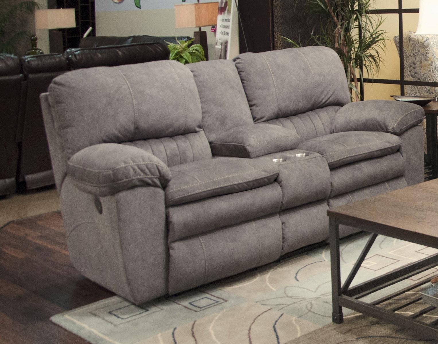 Catnapper Reyes Lay Flat Reclining Console Loveseat w/Storage & Cupholders in Graphite 2409
